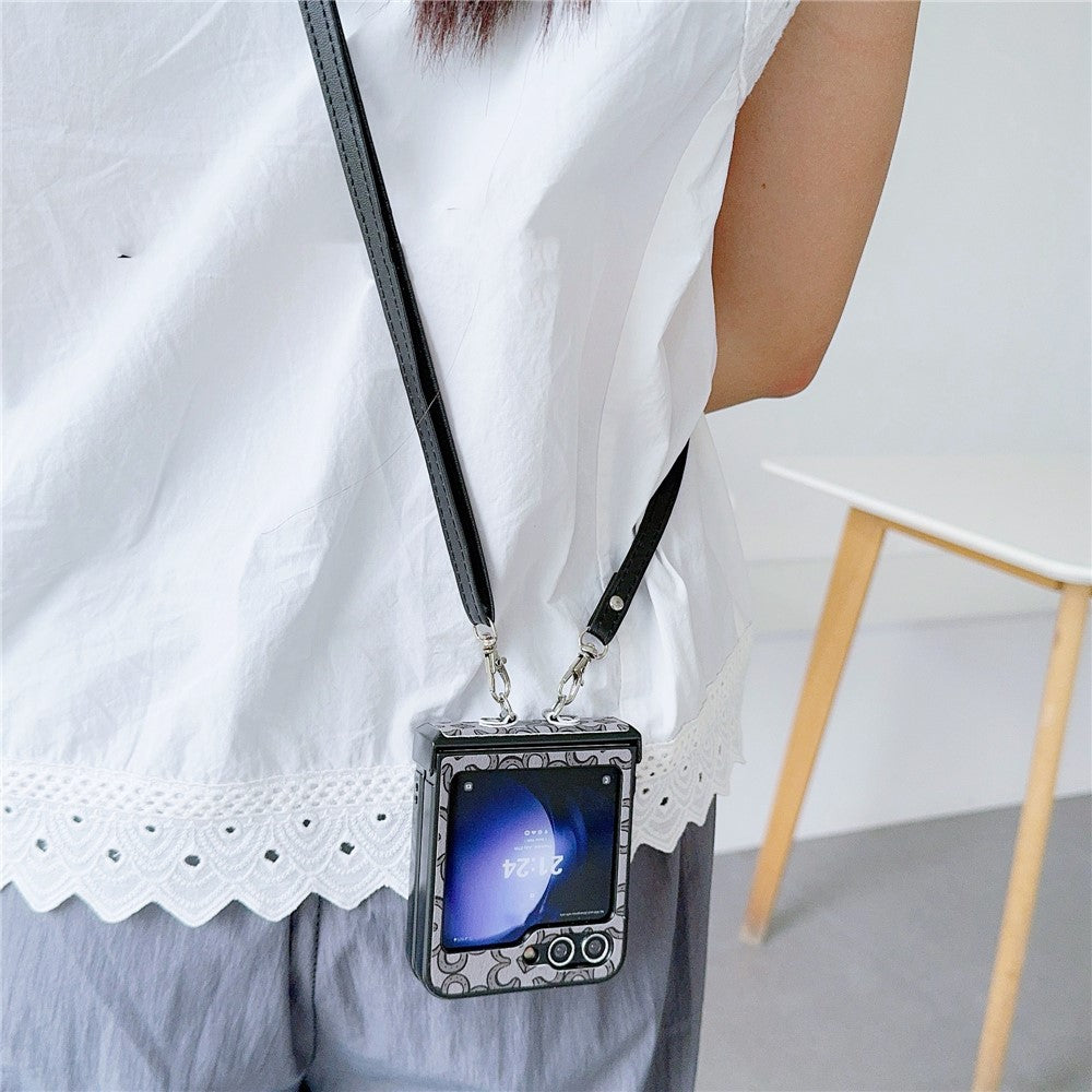 For Samsung Galaxy Z Flip7 FE 5G / Z Flip6 5G Case Floral Pattern PU Leather Coated PC Phone Cover with Crossbody Strap - Black