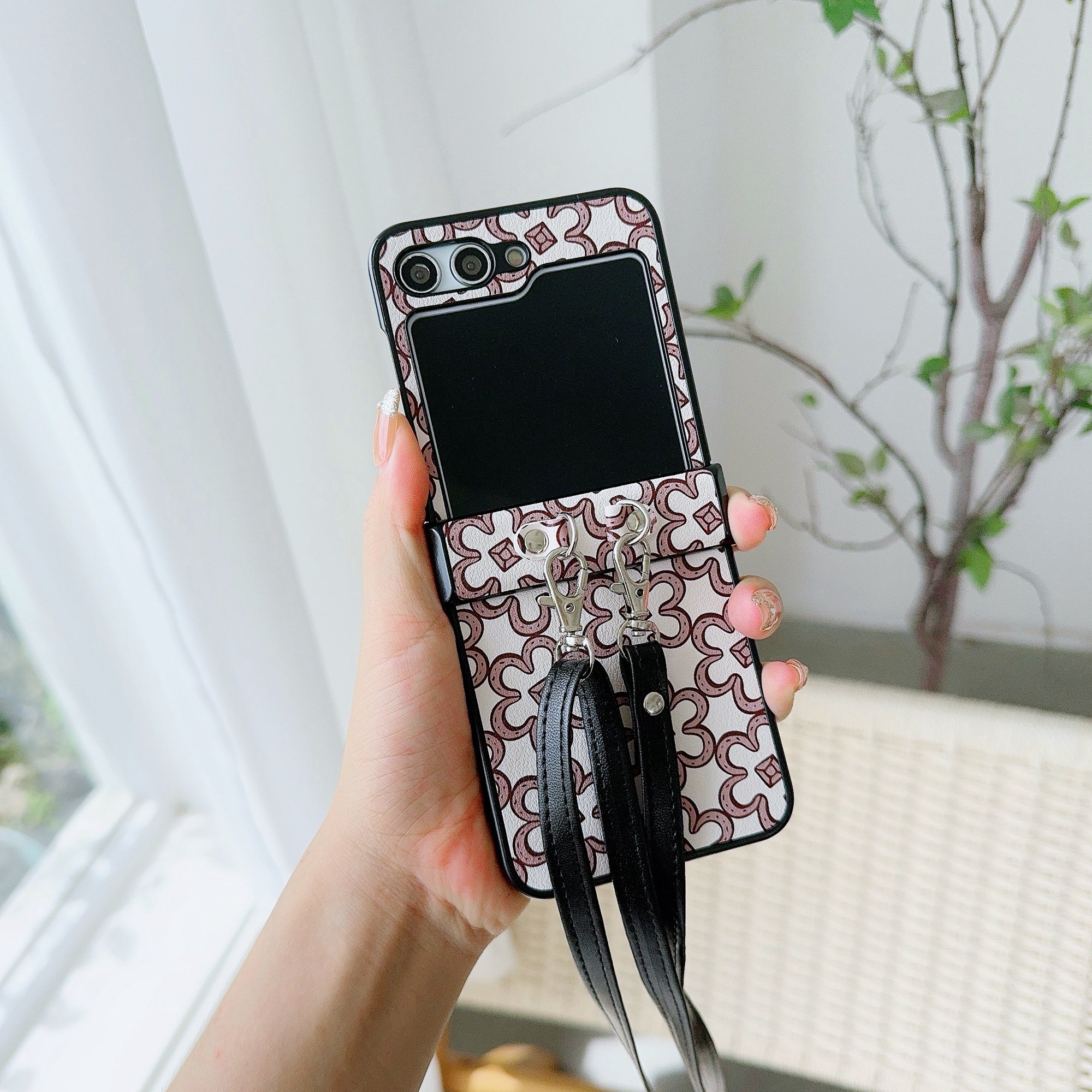 For Samsung Galaxy Z Flip6 5G Case Floral Pattern PU Leather Coated PC Phone Cover with Crossbody Strap - Khaki
