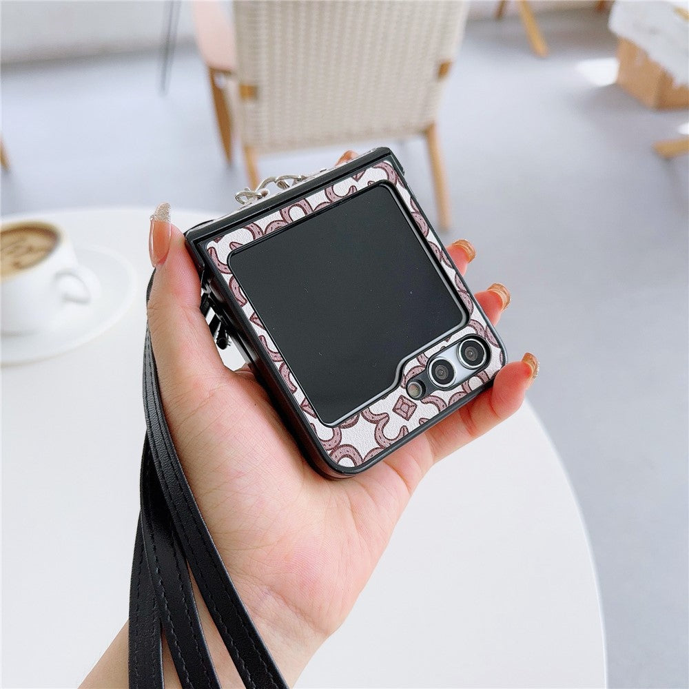 For Samsung Galaxy Z Flip7 FE 5G / Z Flip6 5G Case Floral Pattern PU Leather Coated PC Phone Cover with Crossbody Strap - Khaki