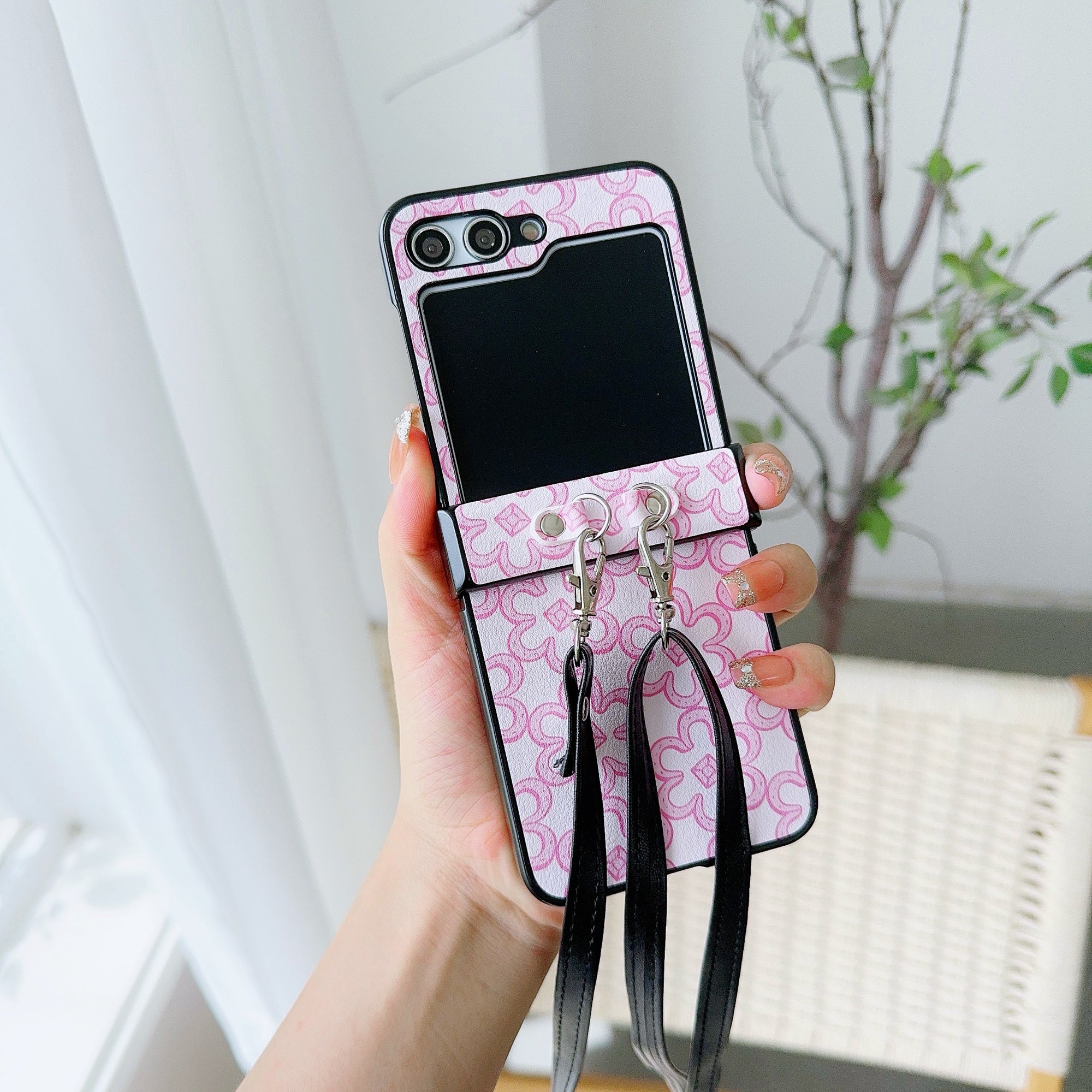 For Samsung Galaxy Z Flip6 5G Case Floral Pattern PU Leather Coated PC Phone Cover with Crossbody Strap - Pink