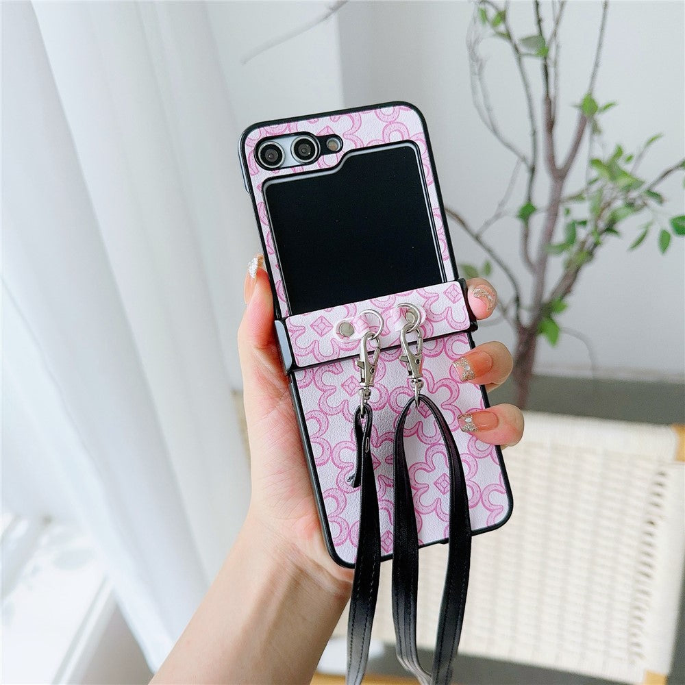 For Samsung Galaxy Z Flip7 FE 5G / Z Flip6 5G Case Floral Pattern PU Leather Coated PC Phone Cover with Crossbody Strap - Pink
