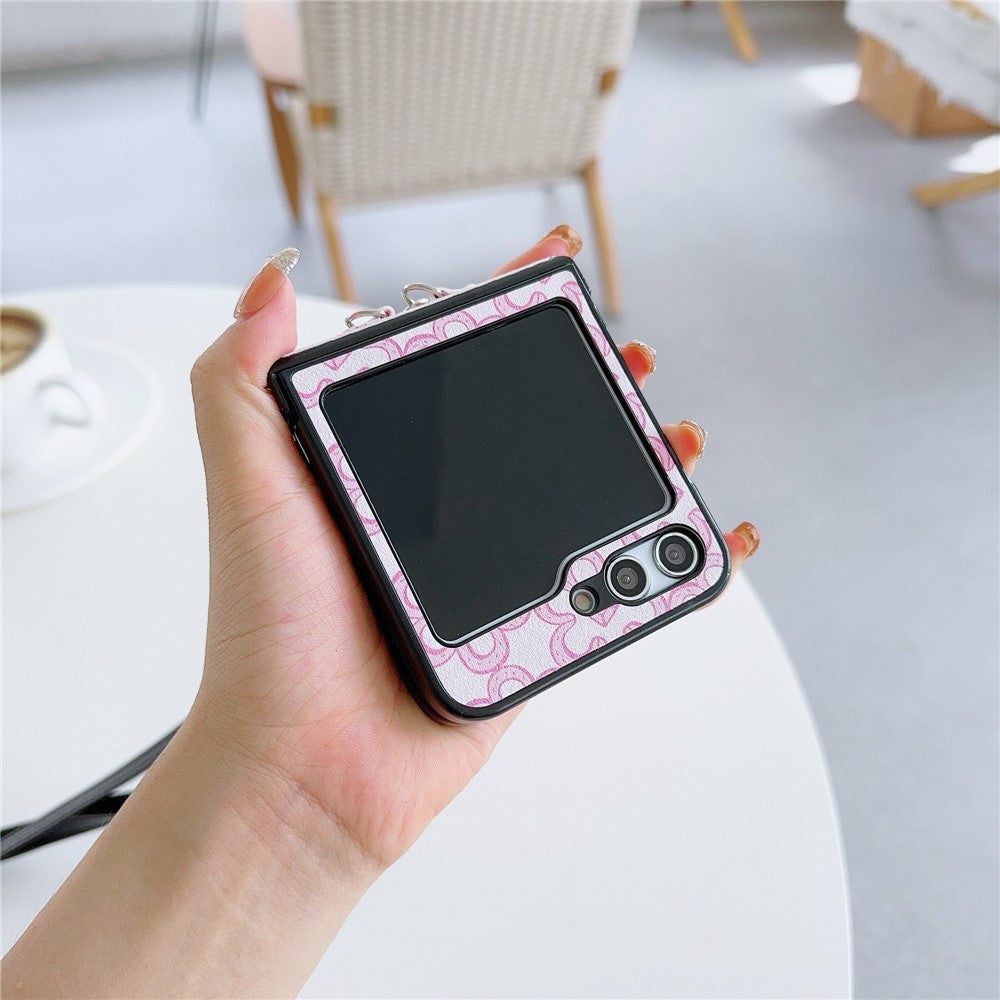 For Samsung Galaxy Z Flip7 FE 5G / Z Flip6 5G Case Floral Pattern PU Leather Coated PC Phone Cover with Crossbody Strap - Pink