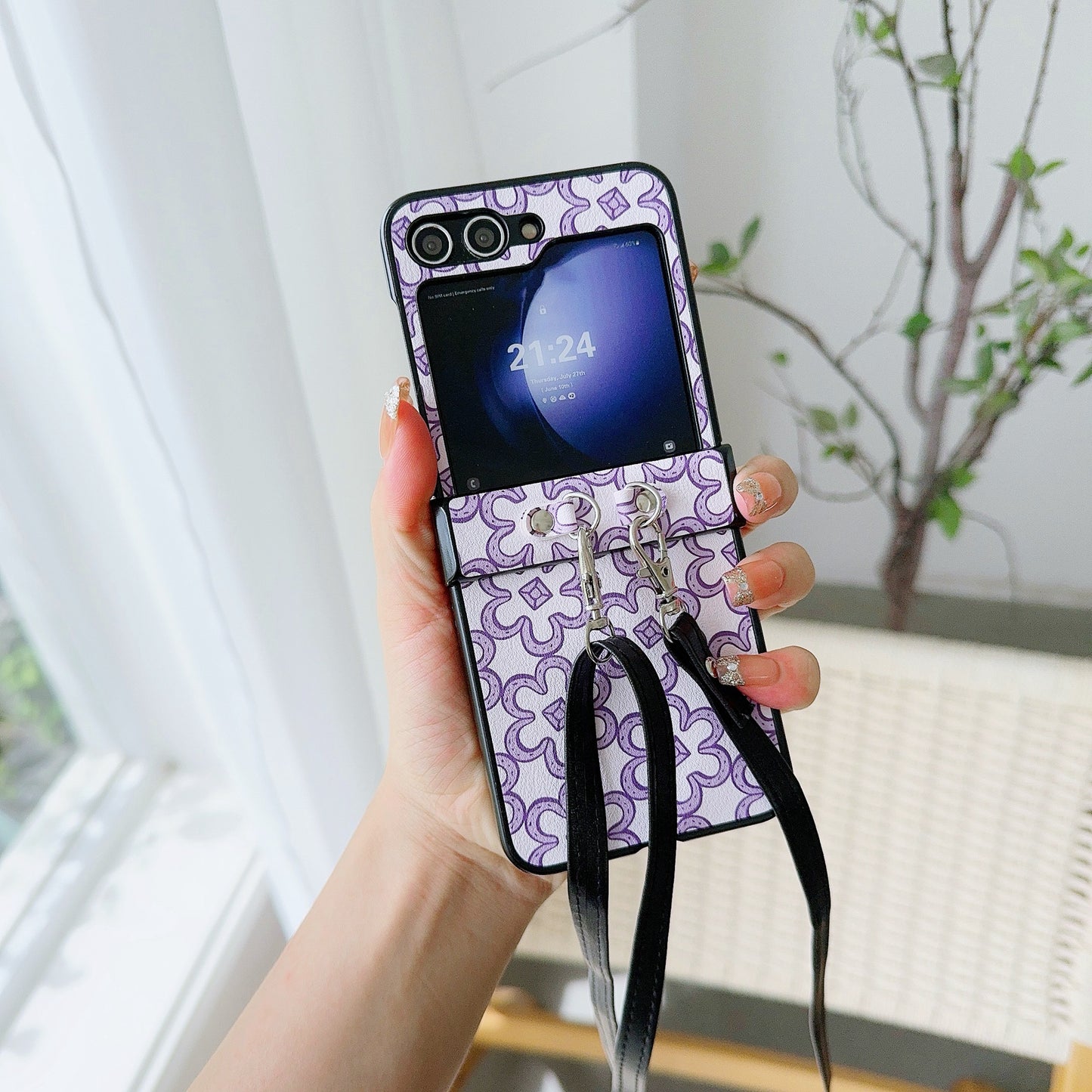 For Samsung Galaxy Z Flip6 5G Case Floral Pattern PU Leather Coated PC Phone Cover with Crossbody Strap - Purple