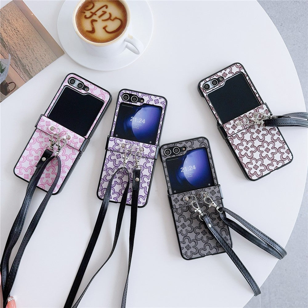For Samsung Galaxy Z Flip7 FE 5G / Z Flip6 5G Case Floral Pattern PU Leather Coated PC Phone Cover with Crossbody Strap - Purple