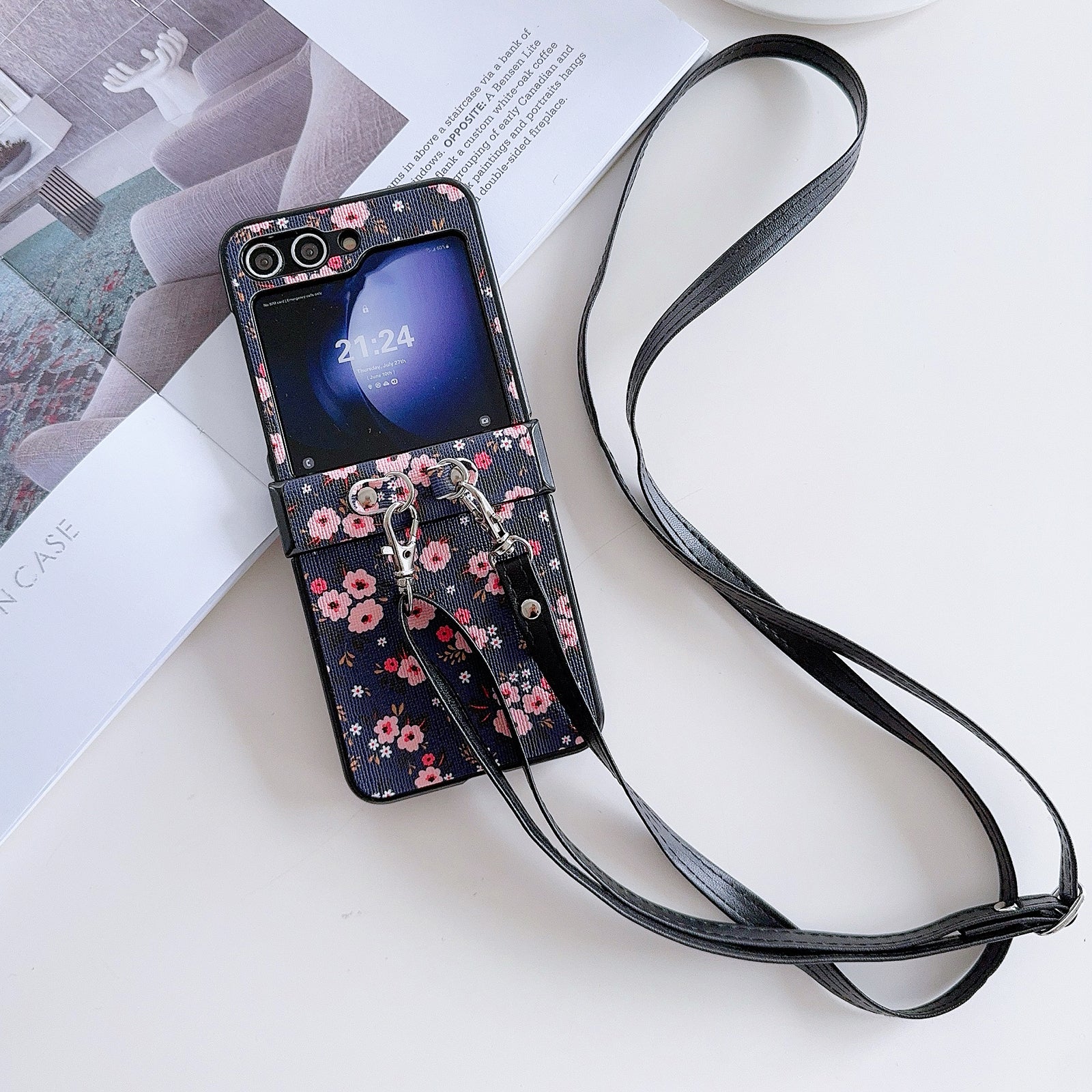 For Samsung Galaxy Z Flip6 5G Small Flowers Pattern PU Leather Coated PC Phone Cover with Crossbody Strap - Blue