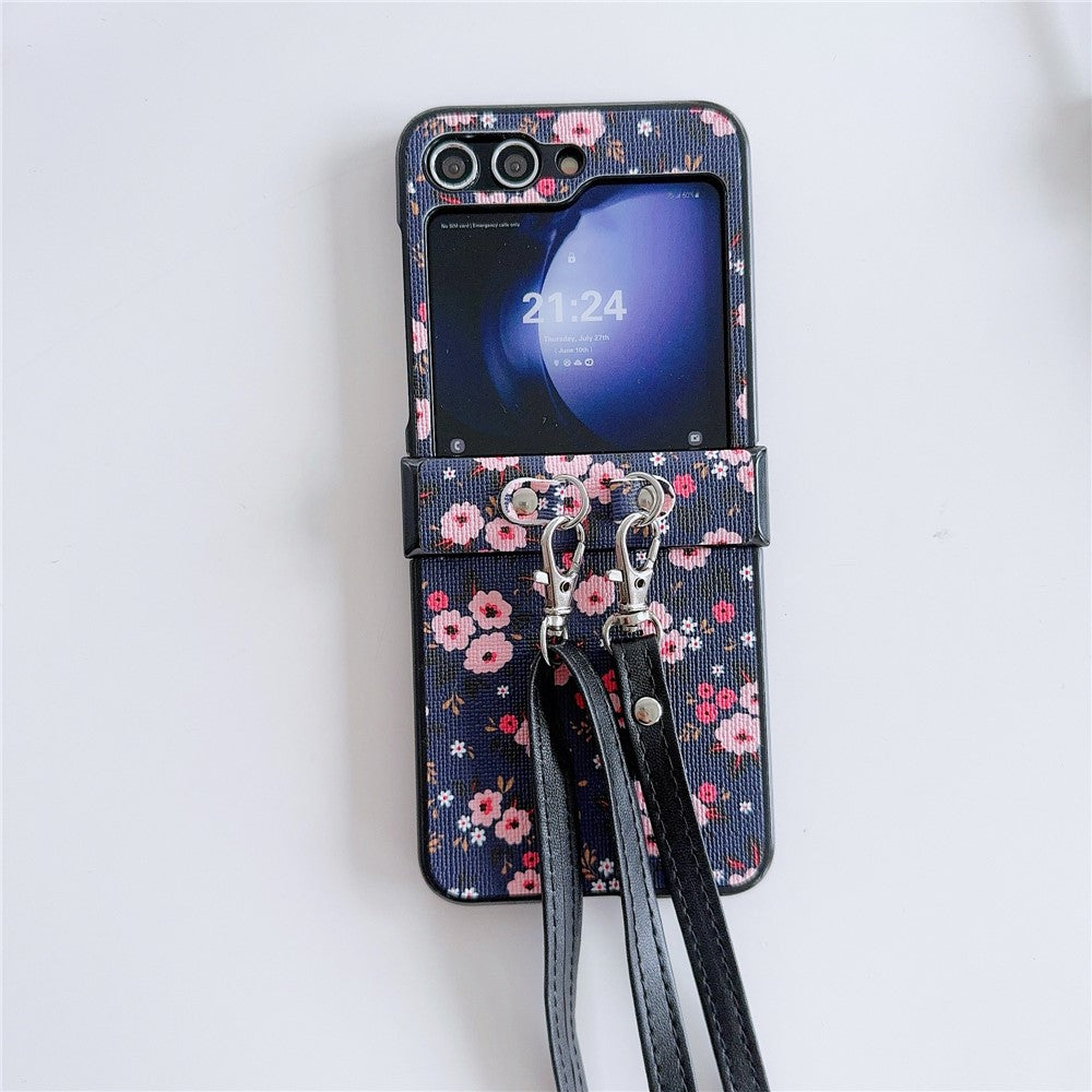 For Samsung Galaxy Z Flip7 FE 5G / Z Flip6 5G Small Flowers Pattern PU Leather Coated PC Phone Cover with Crossbody Strap - Blue