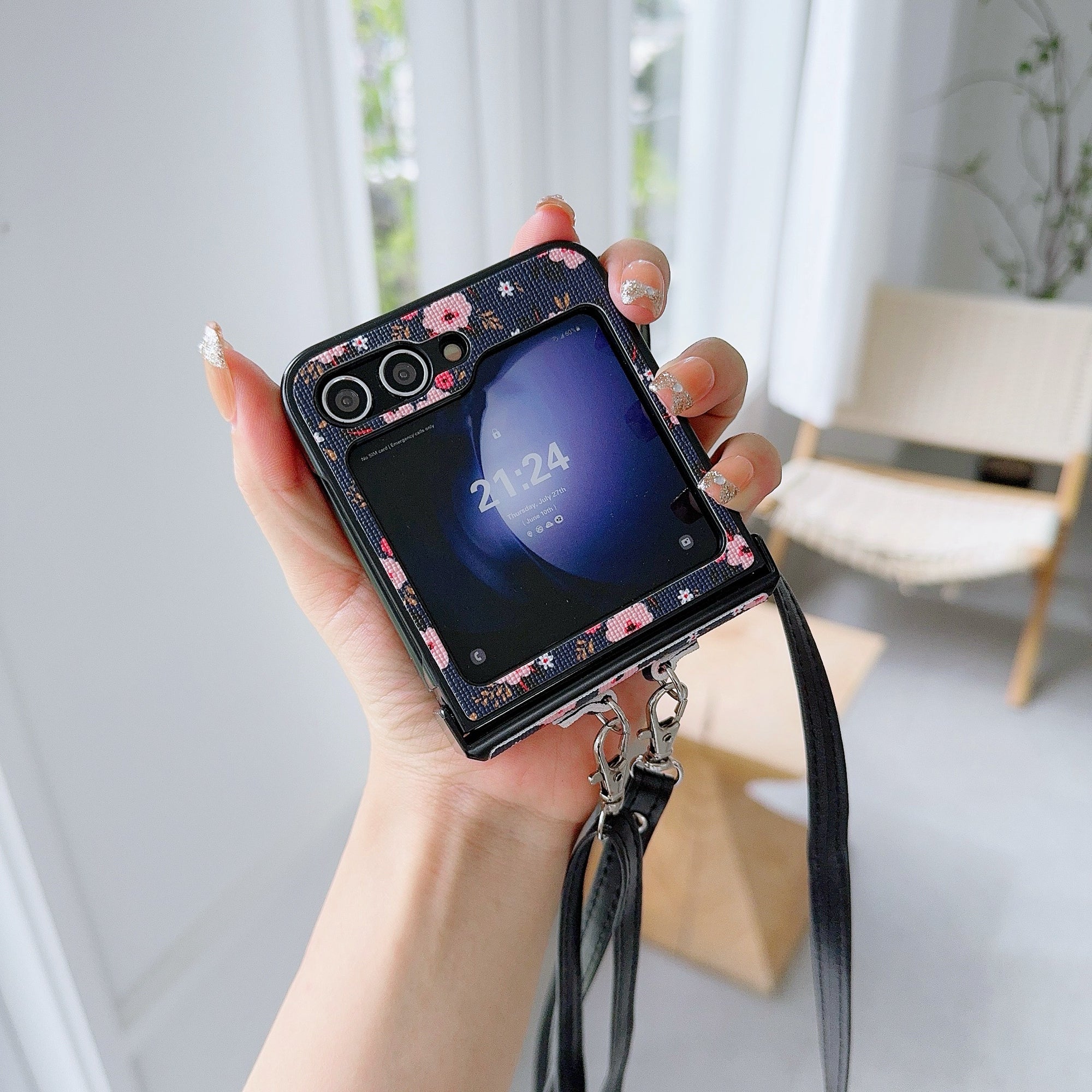 For Samsung Galaxy Z Flip6 5G Small Flowers Pattern PU Leather Coated PC Phone Cover with Crossbody Strap - Blue