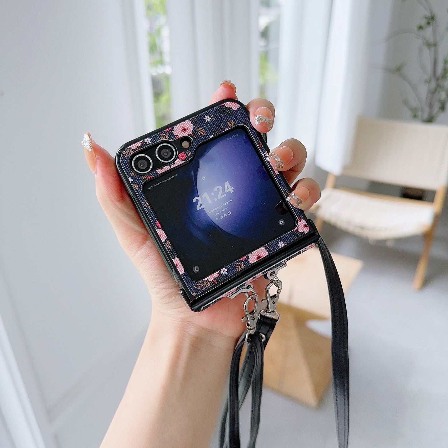 For Samsung Galaxy Z Flip6 5G Small Flowers Pattern PU Leather Coated PC Phone Cover with Crossbody Strap - Blue