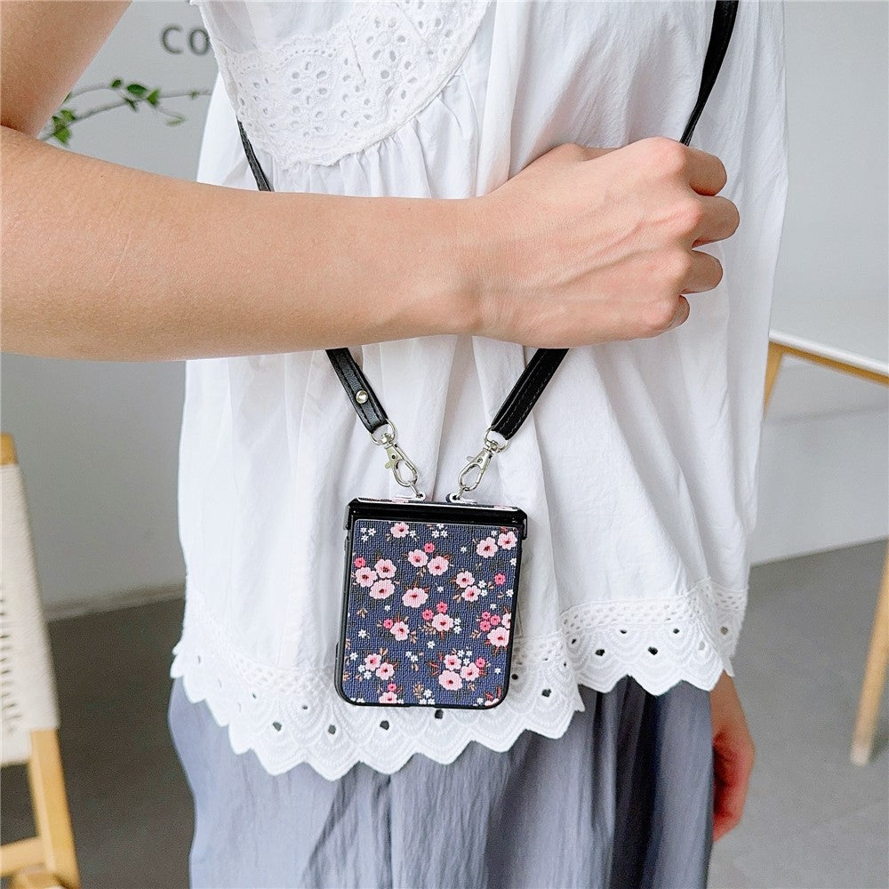 For Samsung Galaxy Z Flip7 FE 5G / Z Flip6 5G Small Flowers Pattern PU Leather Coated PC Phone Cover with Crossbody Strap - Blue