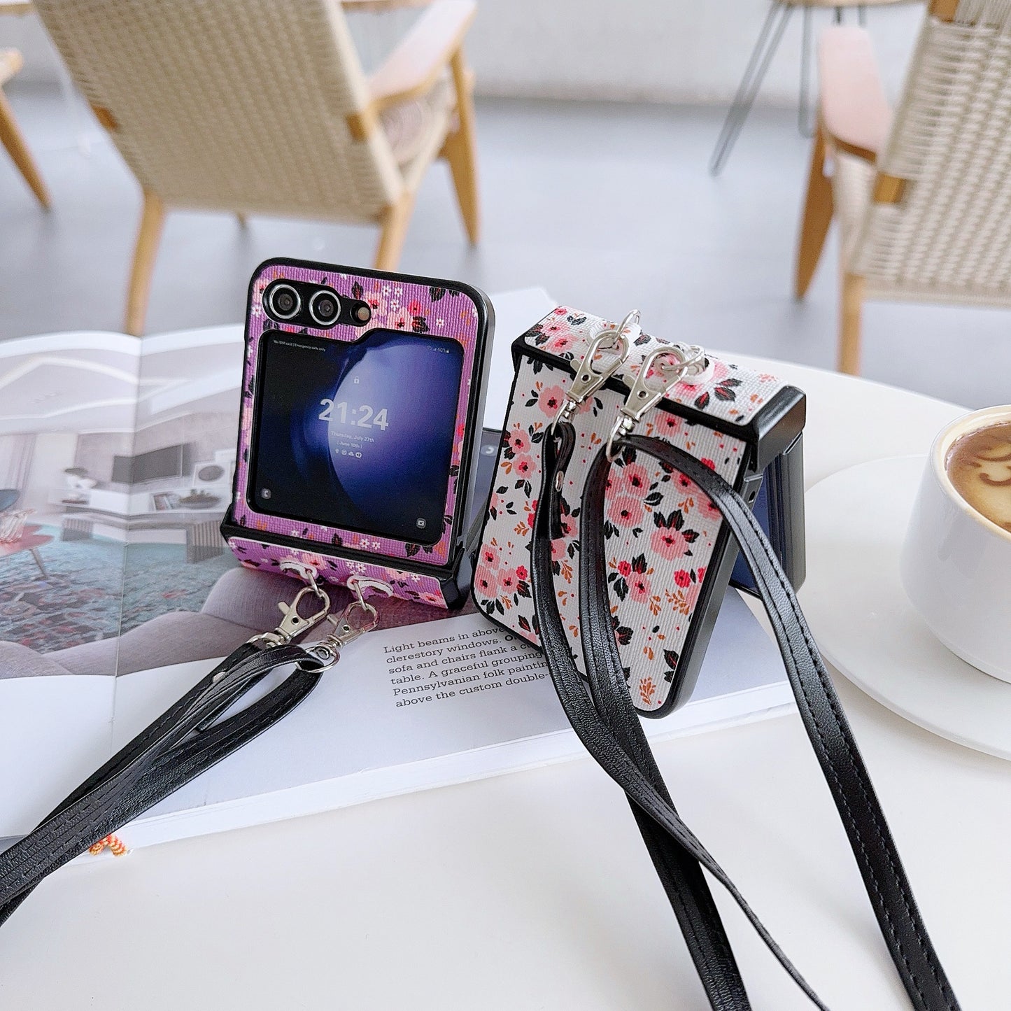 For Samsung Galaxy Z Flip6 5G Small Flowers Pattern PU Leather Coated PC Phone Cover with Crossbody Strap - Blue