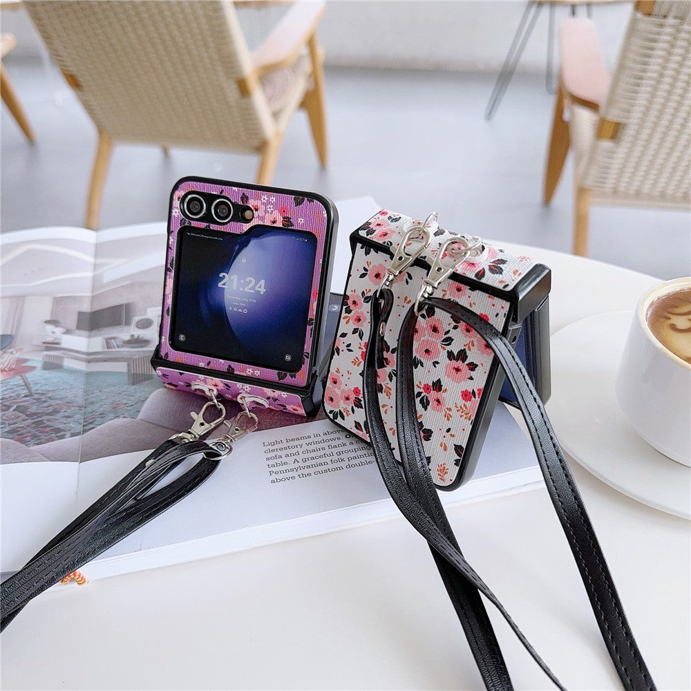 For Samsung Galaxy Z Flip7 FE 5G / Z Flip6 5G Small Flowers Pattern PU Leather Coated PC Phone Cover with Crossbody Strap - Blue