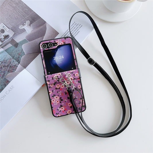 For Samsung Galaxy Z Flip7 FE 5G / Z Flip6 5G Small Flowers Pattern PU Leather Coated PC Phone Cover with Crossbody Strap - Purple