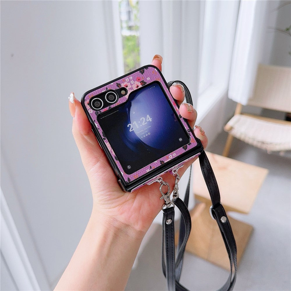 For Samsung Galaxy Z Flip7 FE 5G / Z Flip6 5G Small Flowers Pattern PU Leather Coated PC Phone Cover with Crossbody Strap - Purple