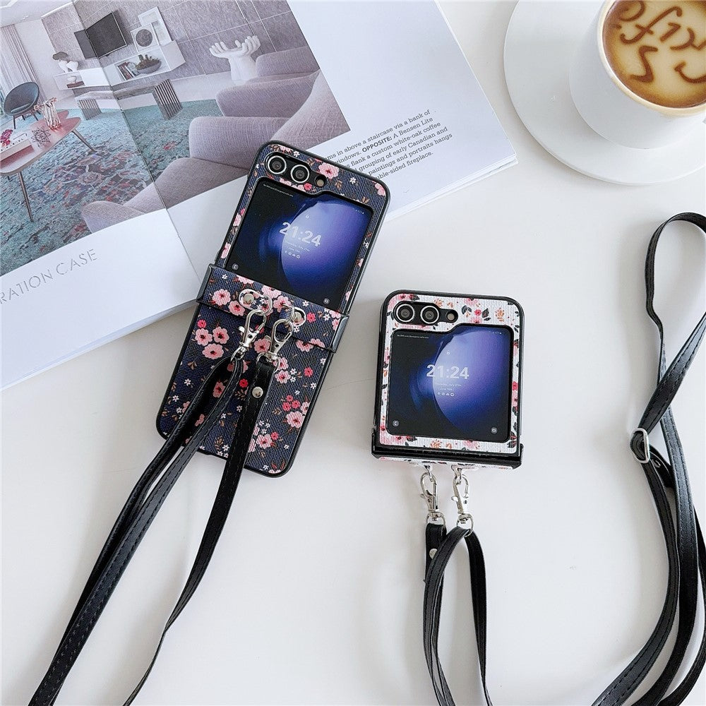 For Samsung Galaxy Z Flip7 FE 5G / Z Flip6 5G Small Flowers Pattern PU Leather Coated PC Phone Cover with Crossbody Strap - Purple