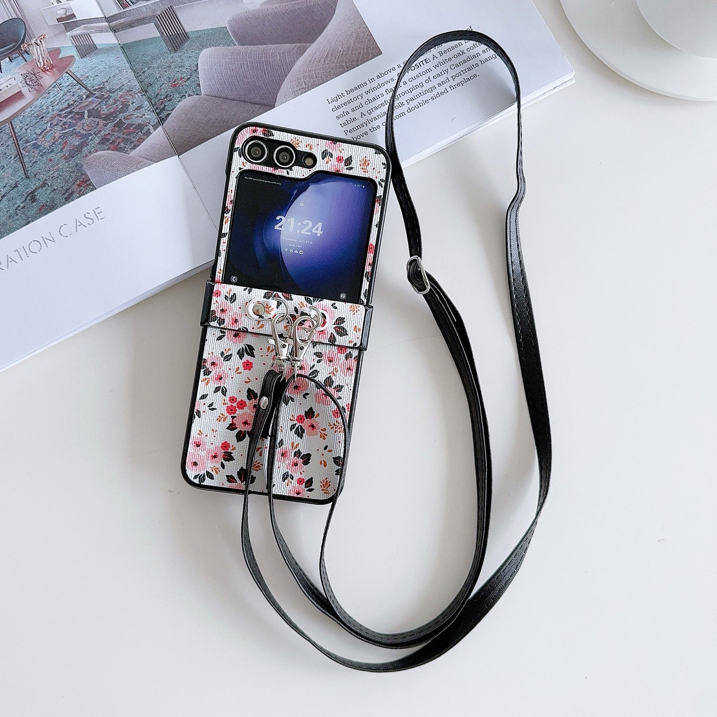 For Samsung Galaxy Z Flip6 5G Small Flowers Pattern PU Leather Coated PC Phone Cover with Crossbody Strap - White