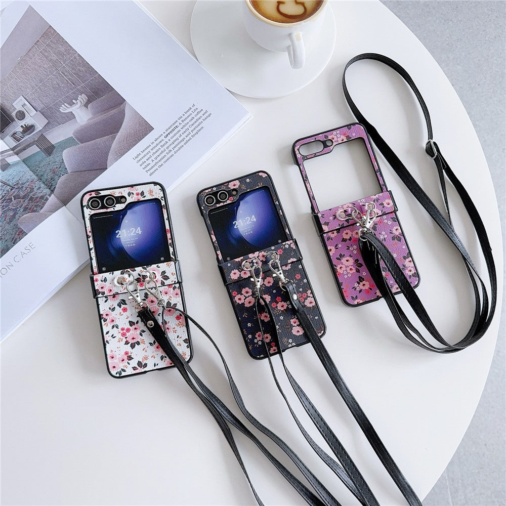 For Samsung Galaxy Z Flip7 FE 5G / Z Flip6 5G Small Flowers Pattern PU Leather Coated PC Phone Cover with Crossbody Strap - White