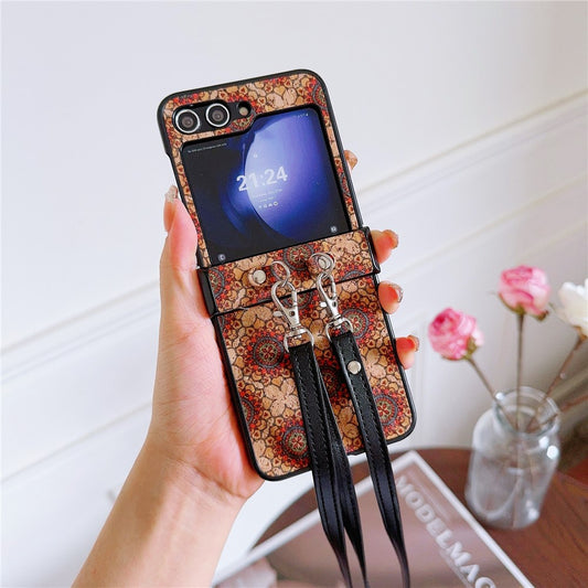 For Samsung Galaxy Z Flip7 FE 5G / Z Flip6 5G Floral Pattern PU Leather Coated PC Phone Cover with Crossbody Strap - Ethnic Floral