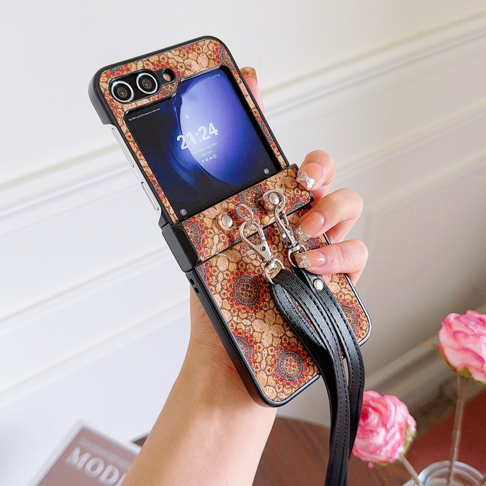 For Samsung Galaxy Z Flip6 5G Floral Pattern PU Leather Coated PC Phone Cover with Crossbody Strap - Ethnic Floral