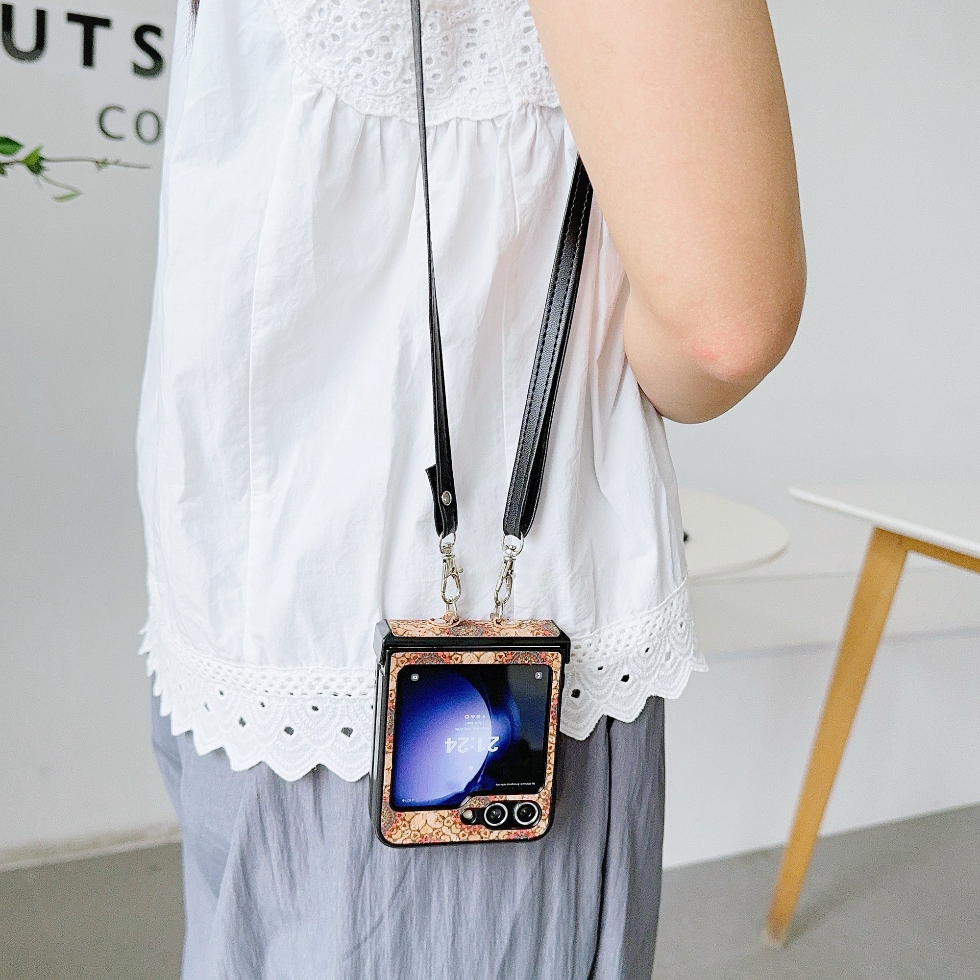 For Samsung Galaxy Z Flip6 5G Floral Pattern PU Leather Coated PC Phone Cover with Crossbody Strap - Ethnic Floral