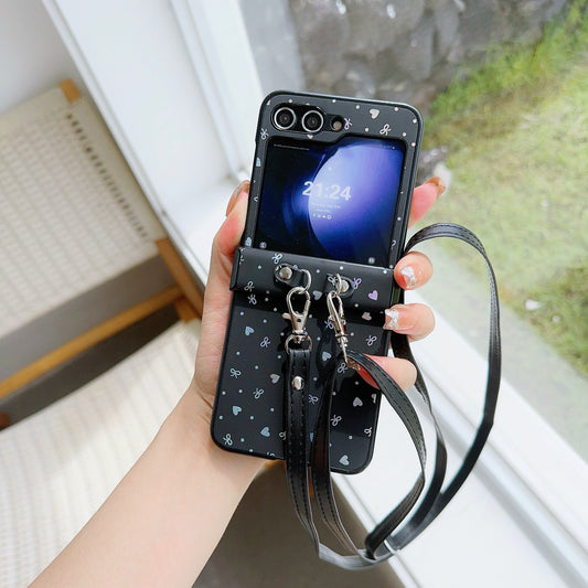 For Samsung Galaxy Z Flip6 5G Heart and Bowknot Pattern PU Leather + PC Phone Cover with Crossbody Strap - Black