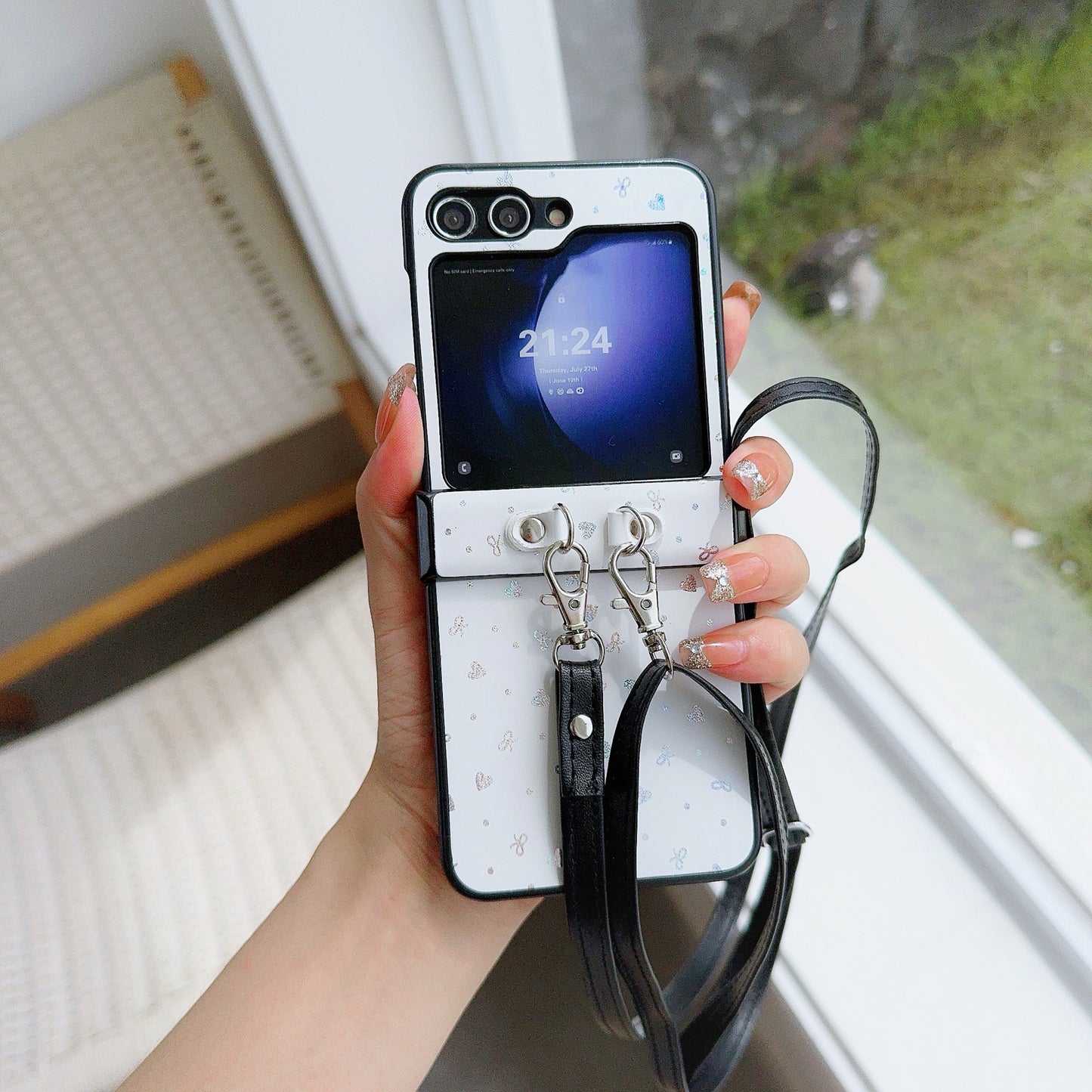 For Samsung Galaxy Z Flip6 5G Heart and Bowknot Pattern PU Leather + PC Phone Cover with Crossbody Strap - White