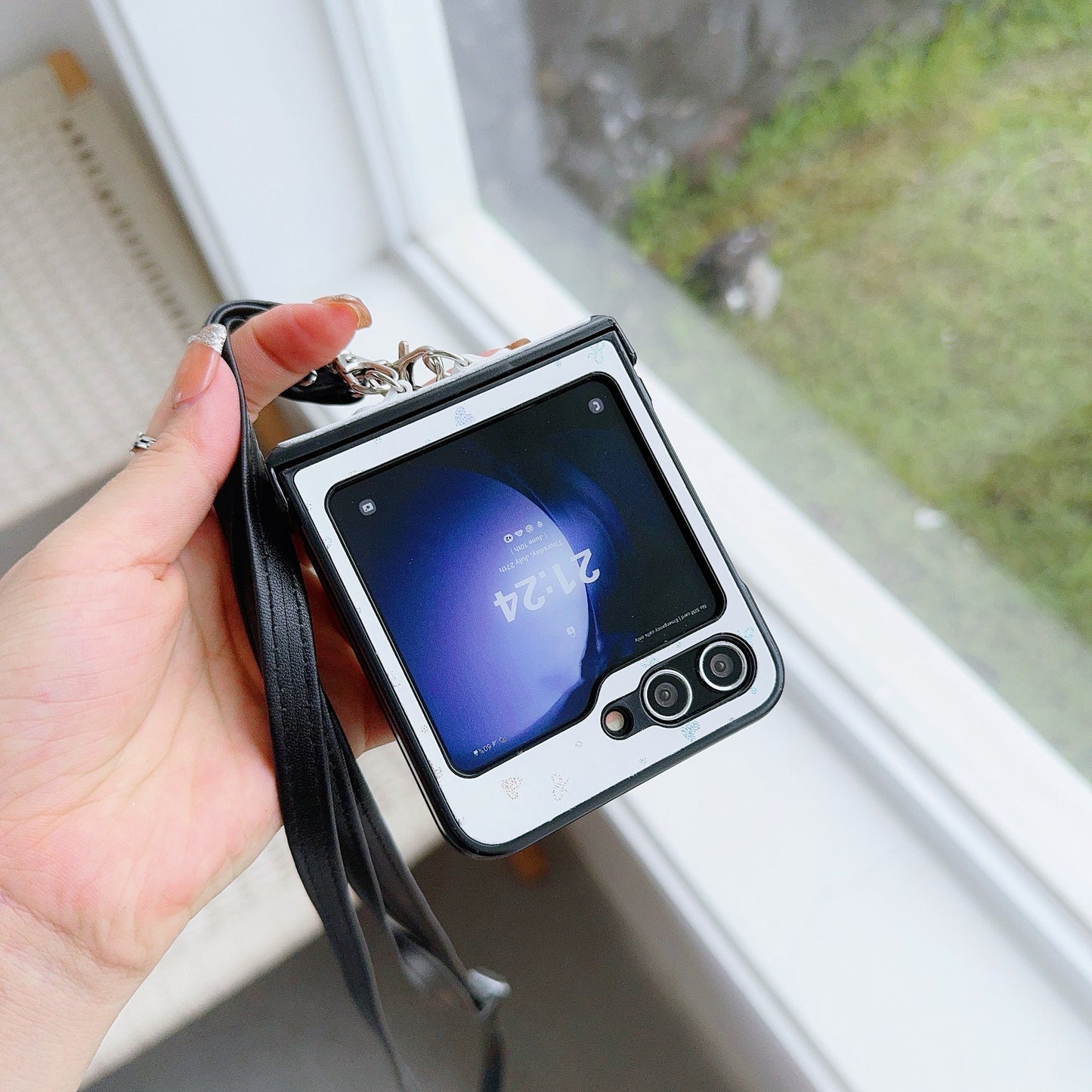 For Samsung Galaxy Z Flip6 5G Heart and Bowknot Pattern PU Leather + PC Phone Cover with Crossbody Strap - White