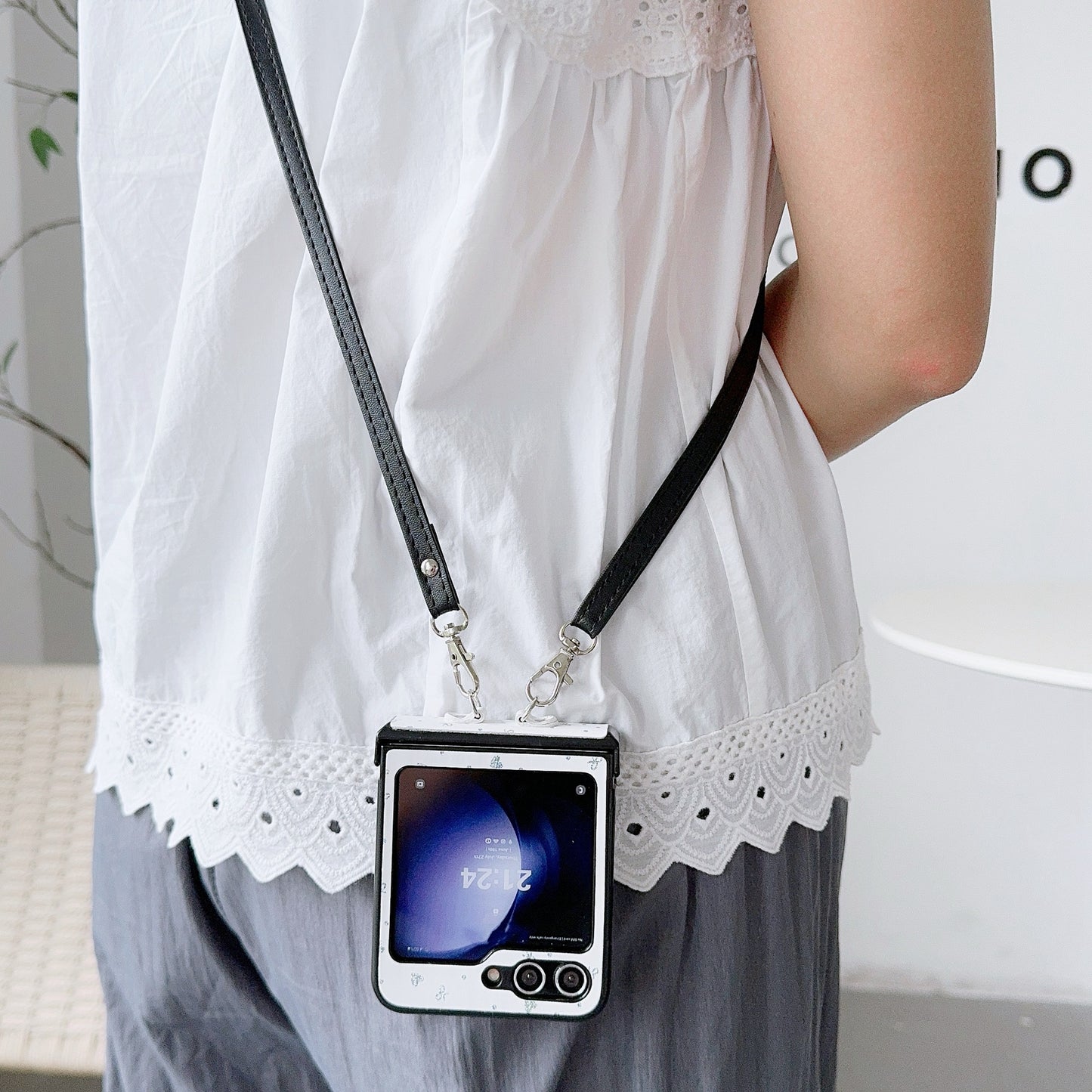 For Samsung Galaxy Z Flip6 5G Heart and Bowknot Pattern PU Leather + PC Phone Cover with Crossbody Strap - White