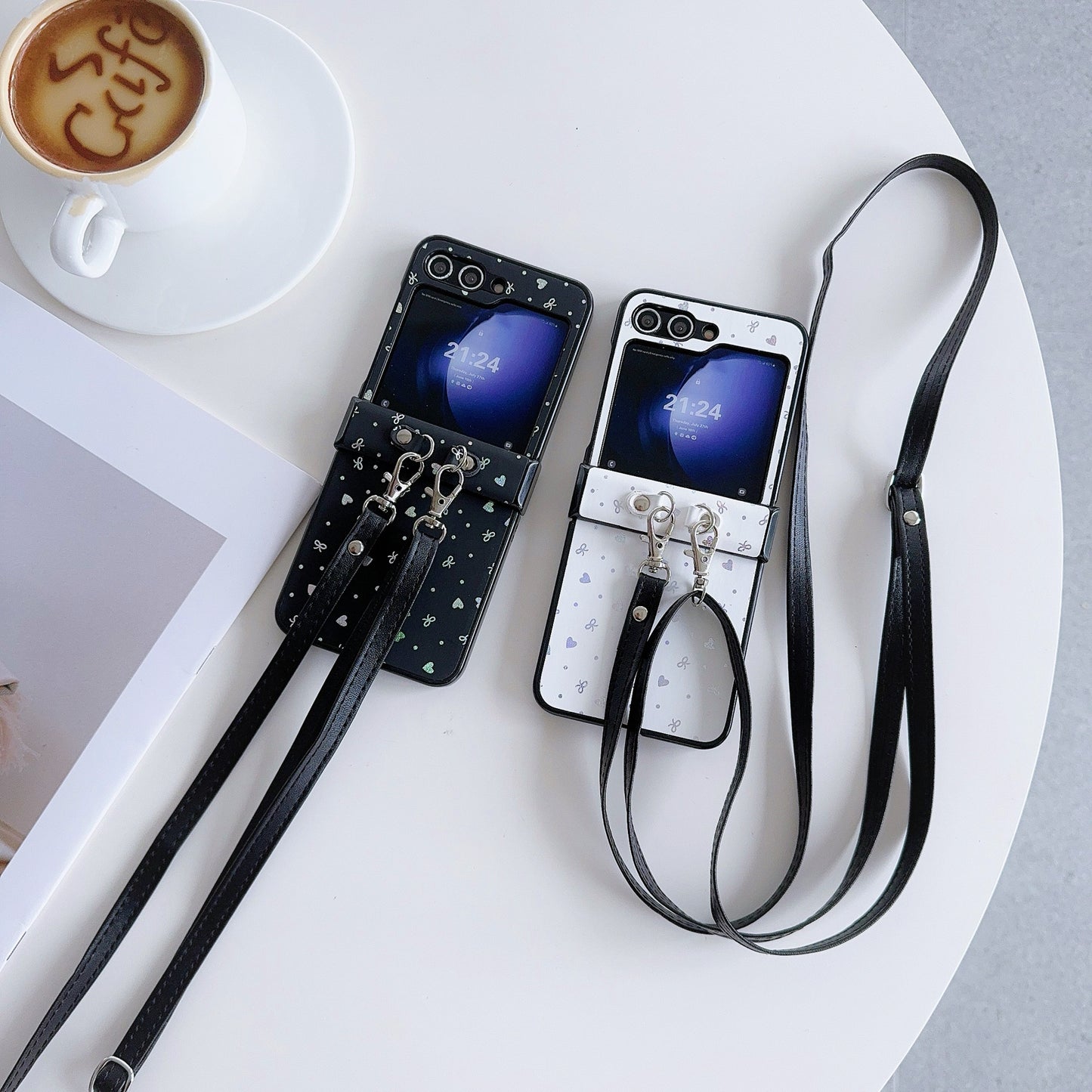 For Samsung Galaxy Z Flip6 5G Heart and Bowknot Pattern PU Leather + PC Phone Cover with Crossbody Strap - White
