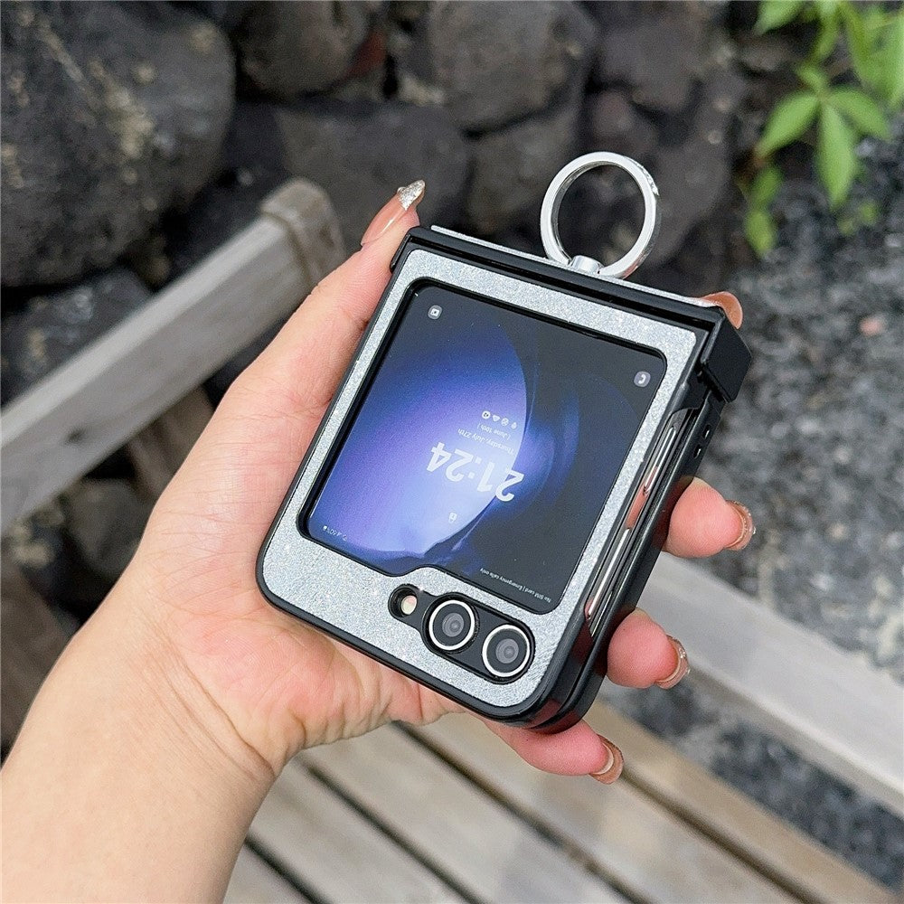 For Samsung Galaxy Z Flip7 FE 5G / Z Flip6 5G Feather Pattern PU Leather Coated PC Phone Cover with Ring Kickstand - Silver