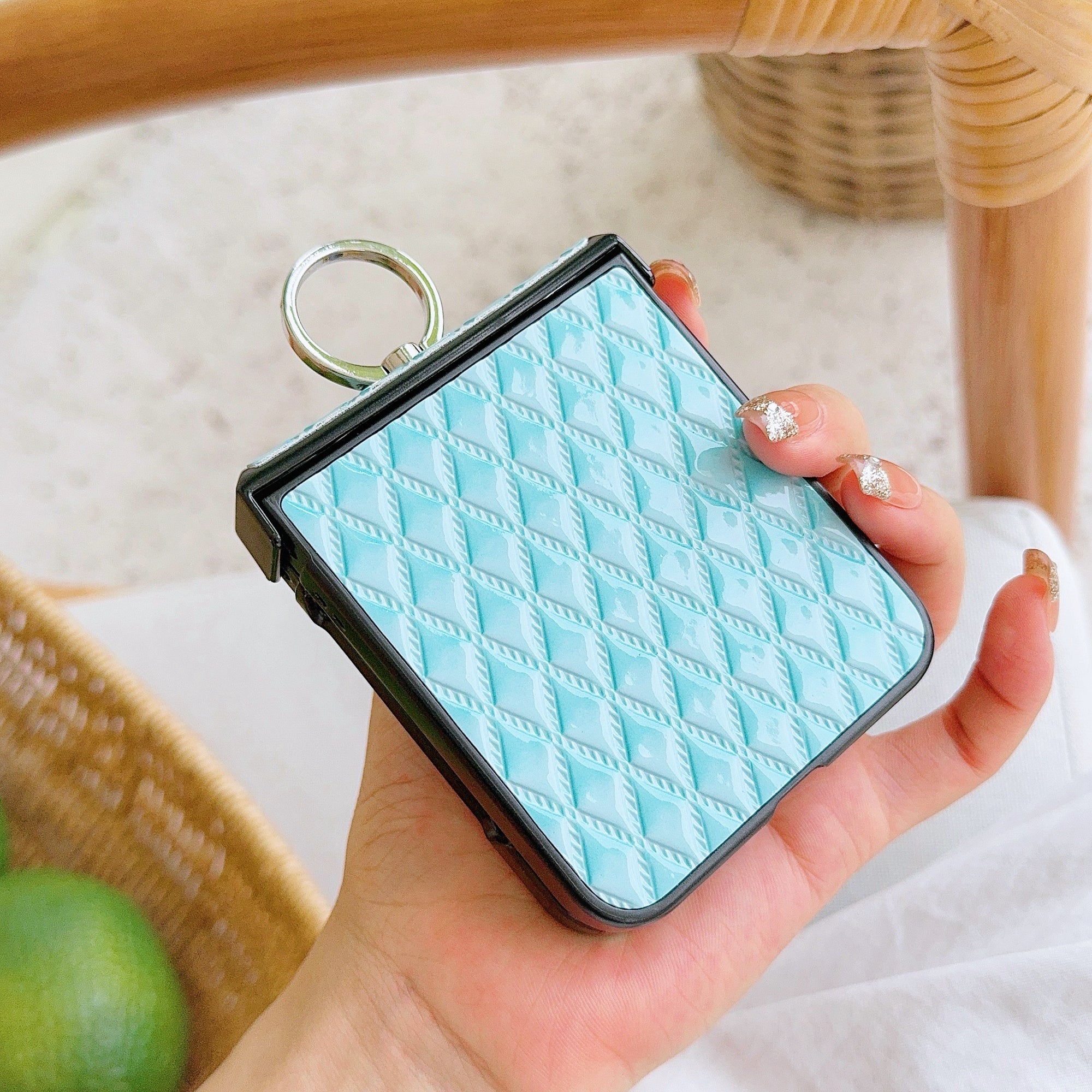For Samsung Galaxy Z Flip6 5G Rhombus Imprinted PU Leather Coated PC Phone Cover with Ring Kickstand - Baby Blue
