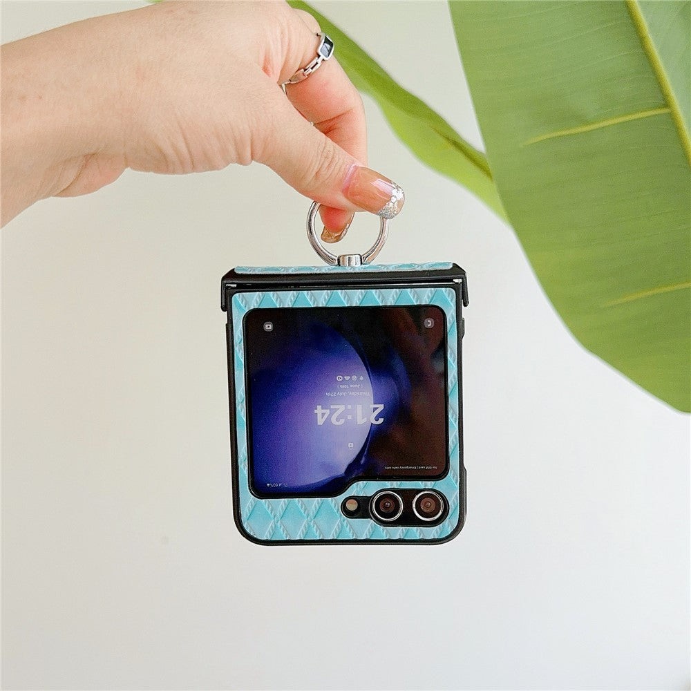 For Samsung Galaxy Z Flip7 FE 5G / Z Flip6 5G Rhombus Imprinted PU Leather Coated PC Phone Cover with Ring Kickstand - Baby Blue