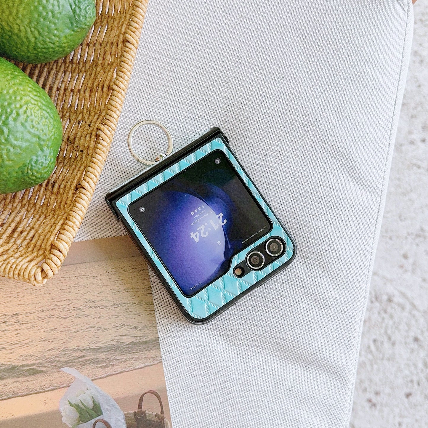 For Samsung Galaxy Z Flip6 5G Rhombus Imprinted PU Leather Coated PC Phone Cover with Ring Kickstand - Baby Blue