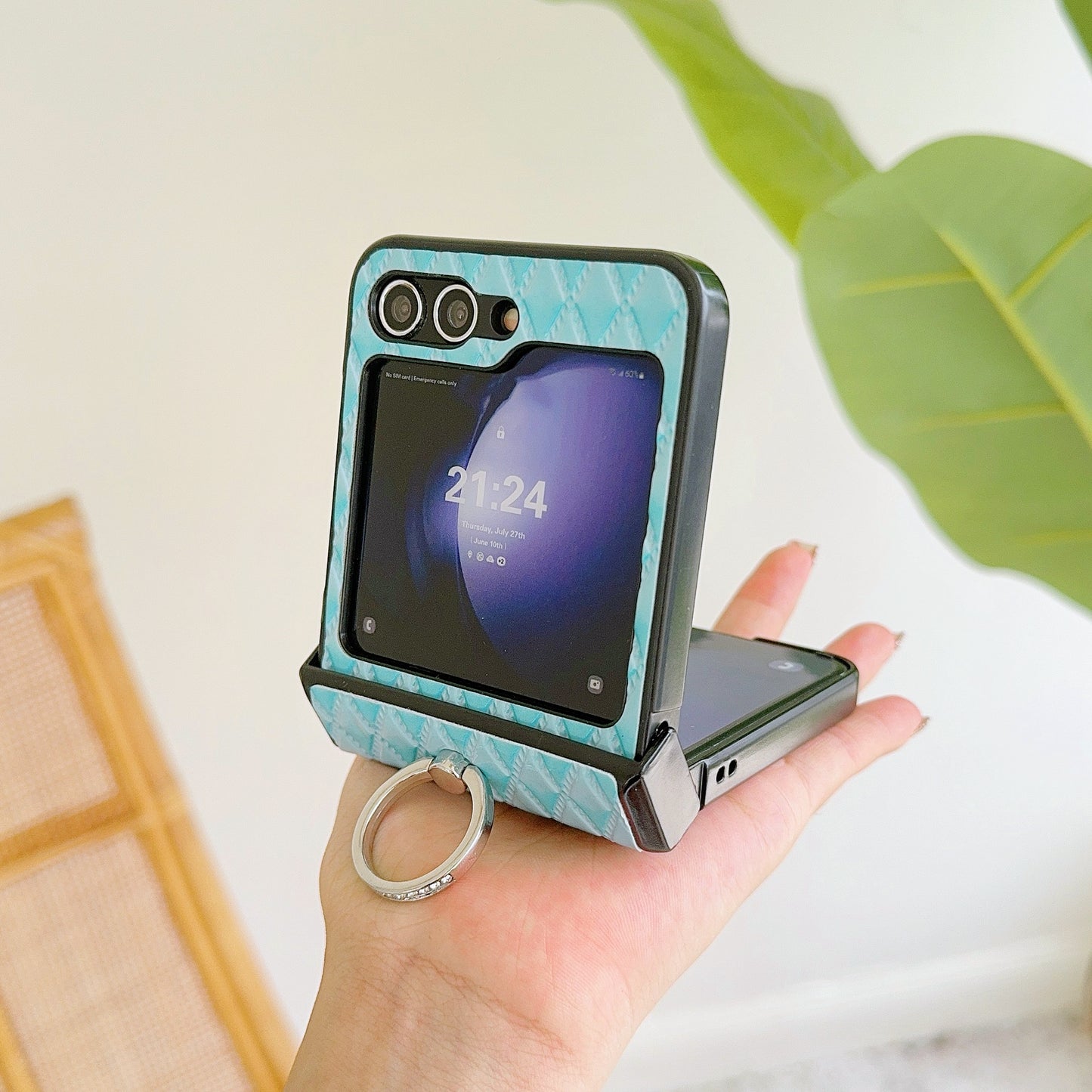 For Samsung Galaxy Z Flip6 5G Rhombus Imprinted PU Leather Coated PC Phone Cover with Ring Kickstand - Baby Blue