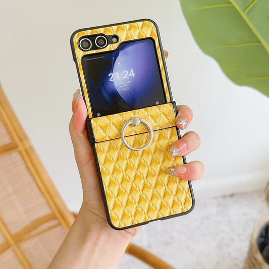For Samsung Galaxy Z Flip6 5G Rhombus Imprinted PU Leather Coated PC Phone Cover with Ring Kickstand - Yellow
