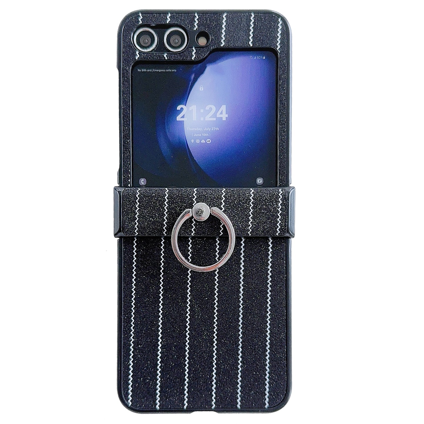 For Samsung Galaxy Z Flip6 5G Wavy Stripes PU Leather Coated PC Phone Cover with Ring Kickstand - Black