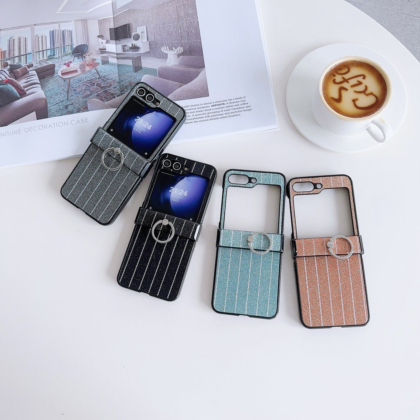 For Samsung Galaxy Z Flip6 5G Wavy Stripes PU Leather Coated PC Phone Cover with Ring Kickstand - Black
