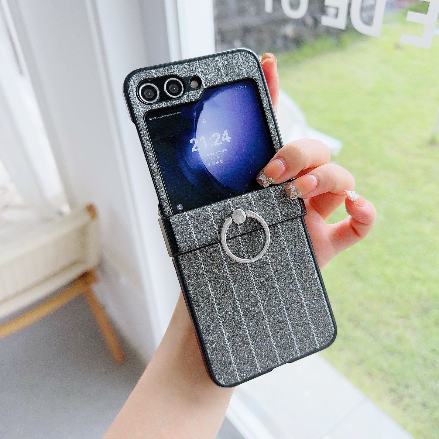 For Samsung Galaxy Z Flip6 5G Wavy Stripes PU Leather Coated PC Phone Cover with Ring Kickstand - Grey