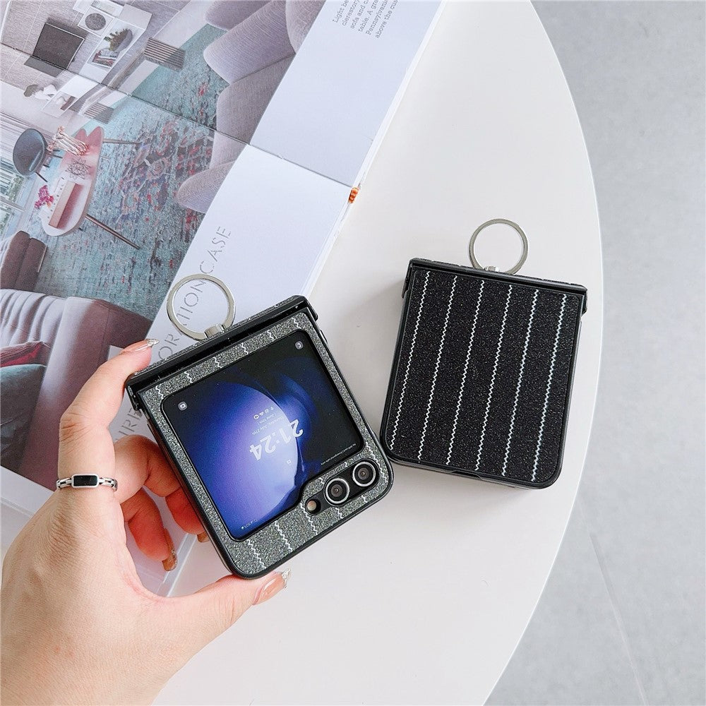 For Samsung Galaxy Z Flip7 FE 5G / Z Flip6 5G Wavy Stripes PU Leather Coated PC Phone Cover with Ring Kickstand - Grey