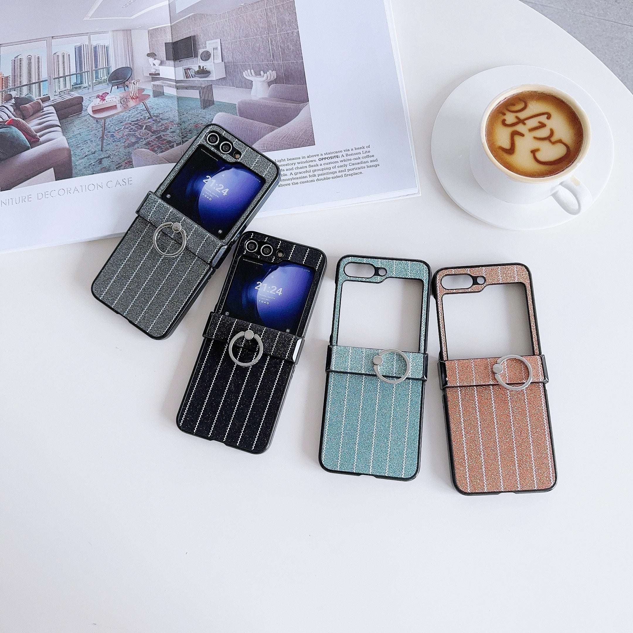For Samsung Galaxy Z Flip6 5G Wavy Stripes PU Leather Coated PC Phone Cover with Ring Kickstand - Grey