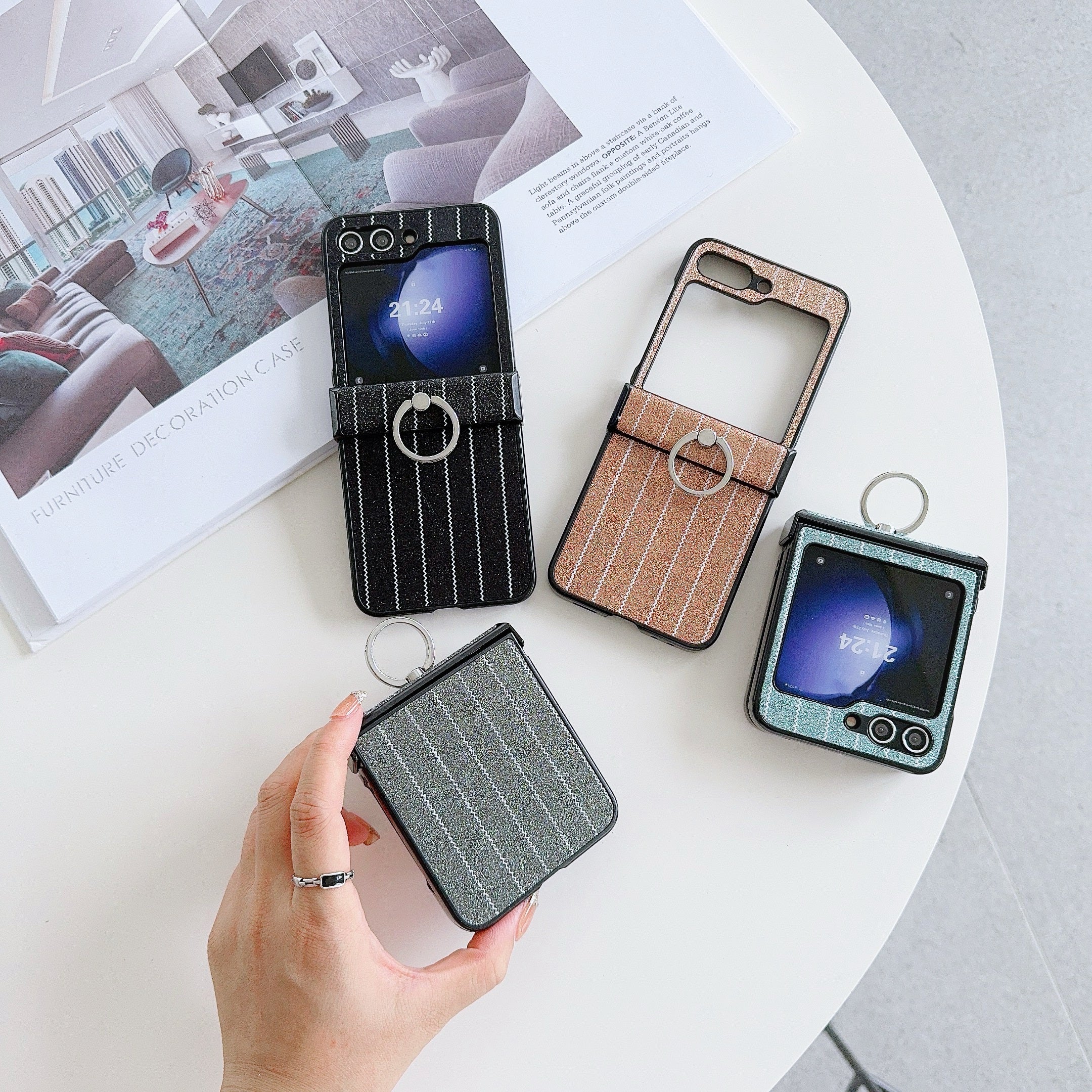 For Samsung Galaxy Z Flip6 5G Wavy Stripes PU Leather Coated PC Phone Cover with Ring Kickstand - Grey