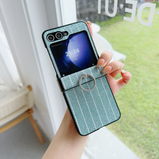 For Samsung Galaxy Z Flip6 5G Wavy Stripes PU Leather Coated PC Phone Cover with Ring Kickstand - Green