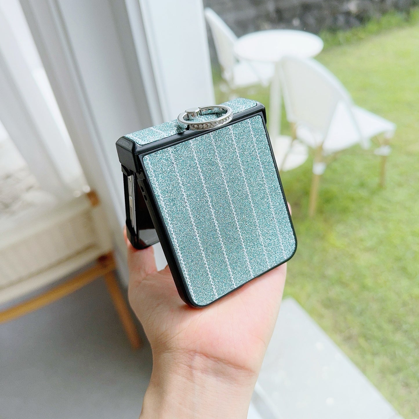 For Samsung Galaxy Z Flip6 5G Wavy Stripes PU Leather Coated PC Phone Cover with Ring Kickstand - Green