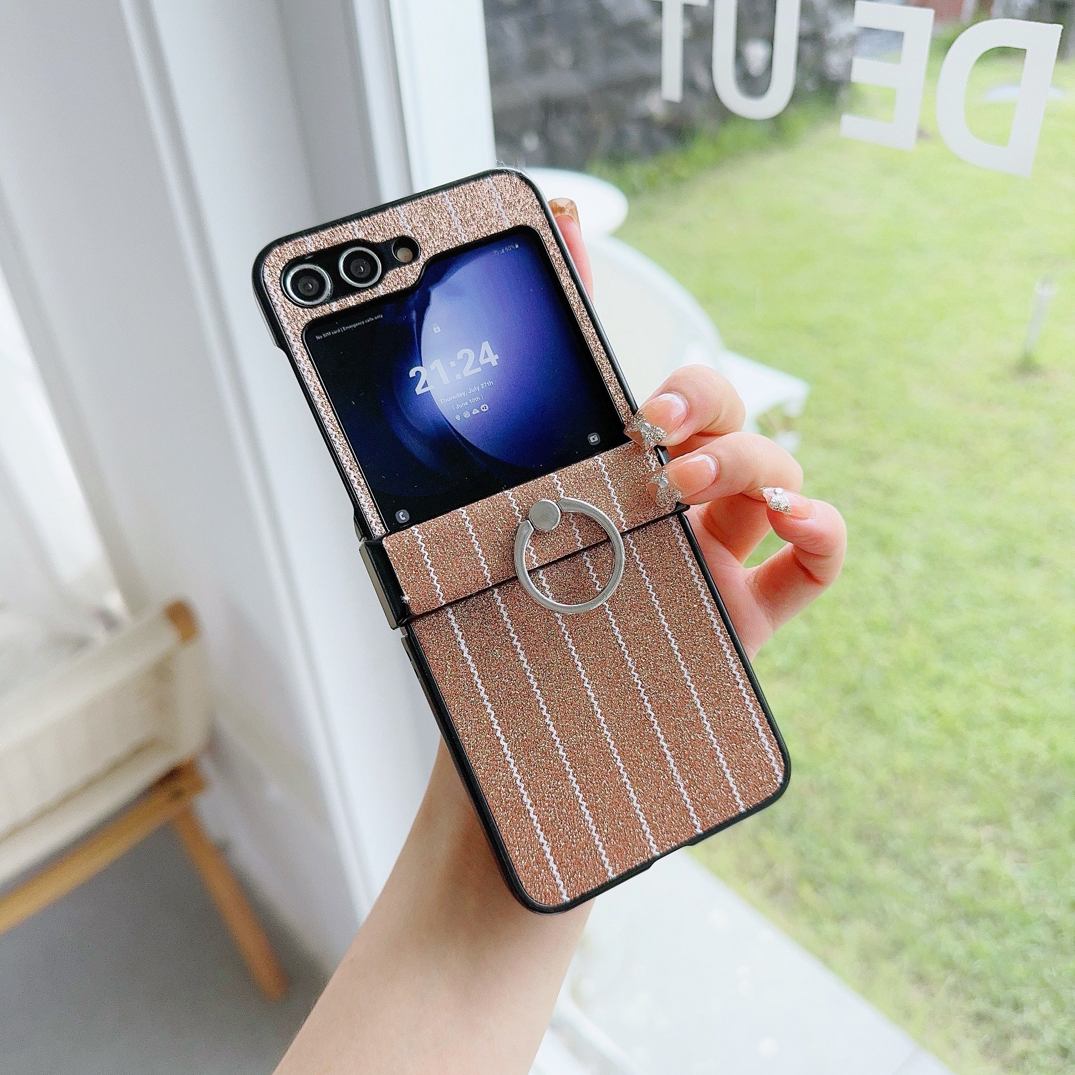 For Samsung Galaxy Z Flip6 5G Wavy Stripes PU Leather Coated PC Phone Cover with Ring Kickstand - Gold