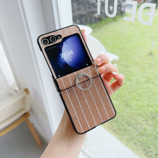 For Samsung Galaxy Z Flip6 5G Wavy Stripes PU Leather Coated PC Phone Cover with Ring Kickstand - Gold