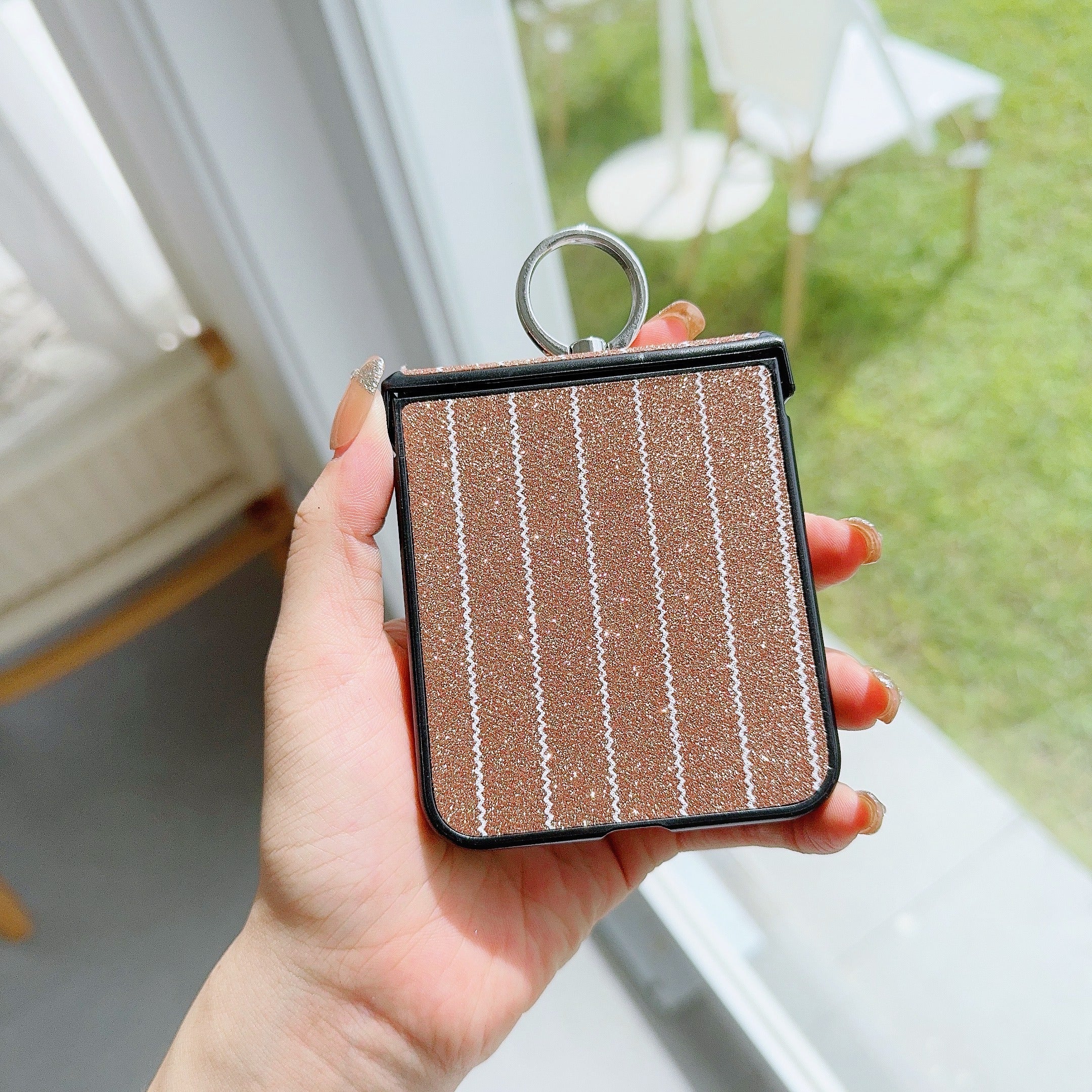 For Samsung Galaxy Z Flip6 5G Wavy Stripes PU Leather Coated PC Phone Cover with Ring Kickstand - Gold