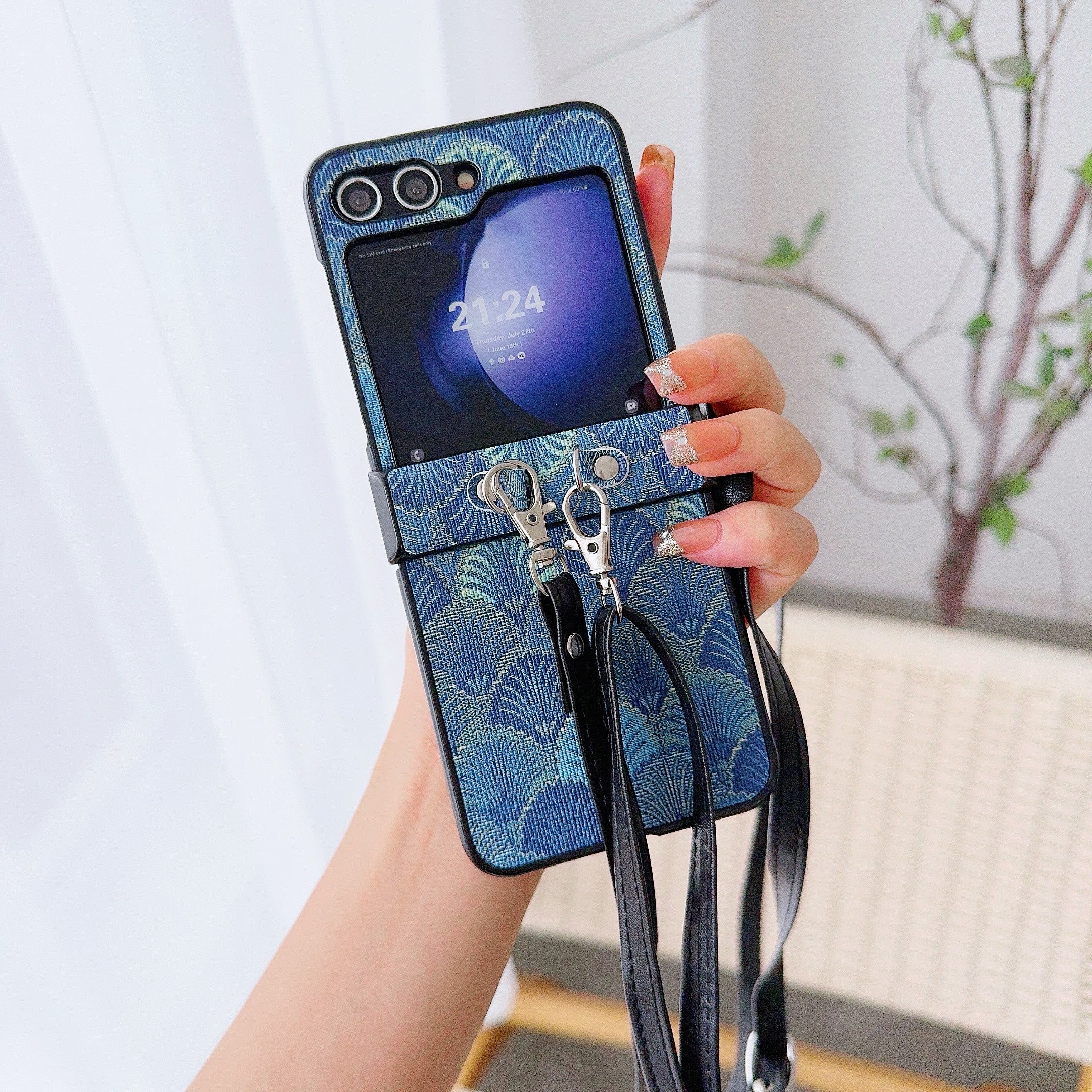 For Samsung Galaxy Z Flip6 5G Ethnic PU Leather Coated PC Phone Cover with Crossbody Strap - Blue