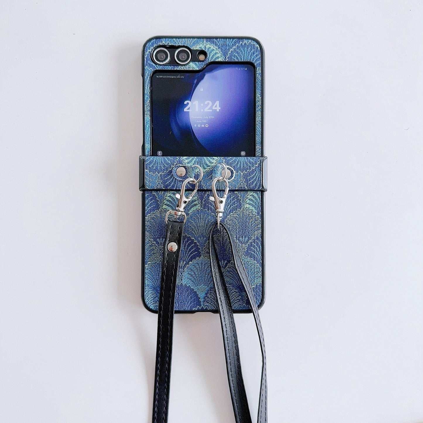 For Samsung Galaxy Z Flip6 5G Ethnic PU Leather Coated PC Phone Cover with Crossbody Strap - Blue