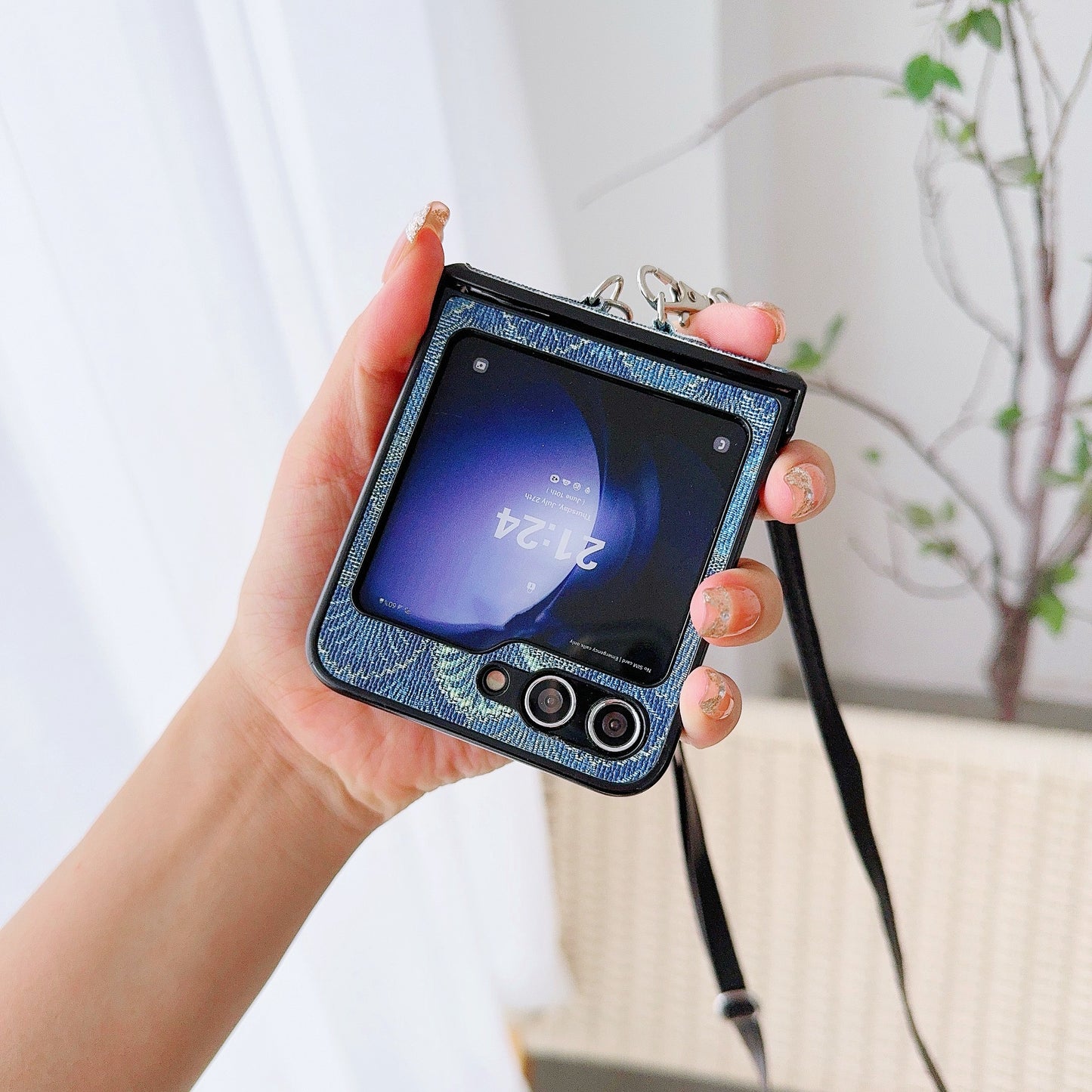 For Samsung Galaxy Z Flip6 5G Ethnic PU Leather Coated PC Phone Cover with Crossbody Strap - Blue