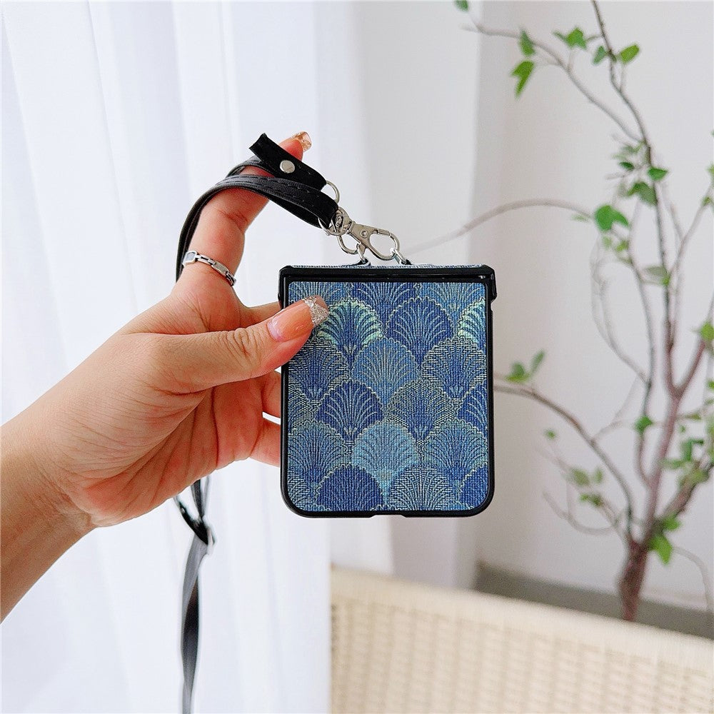 For Samsung Galaxy Z Flip7 FE 5G / Z Flip6 5G Ethnic PU Leather Coated PC Phone Cover with Crossbody Strap - Blue