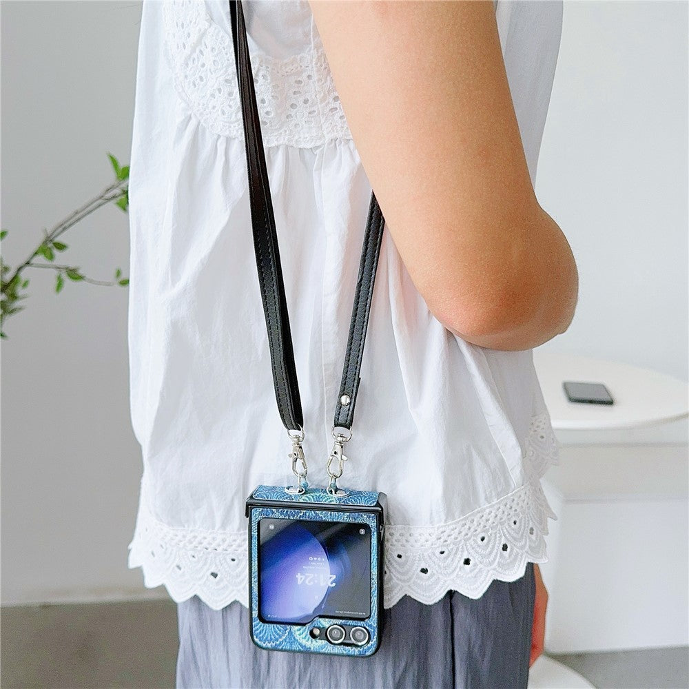 For Samsung Galaxy Z Flip7 FE 5G / Z Flip6 5G Ethnic PU Leather Coated PC Phone Cover with Crossbody Strap - Blue